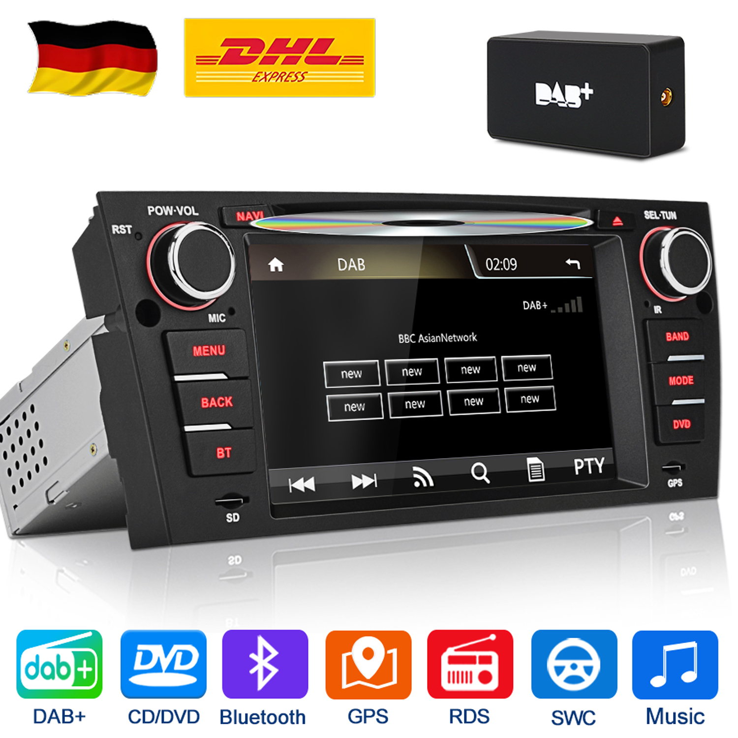 Ein Autoradio mit DAB+, CD/DVD, Bluetooth, GPS, RDS, SWC und Musik-Symbolen.