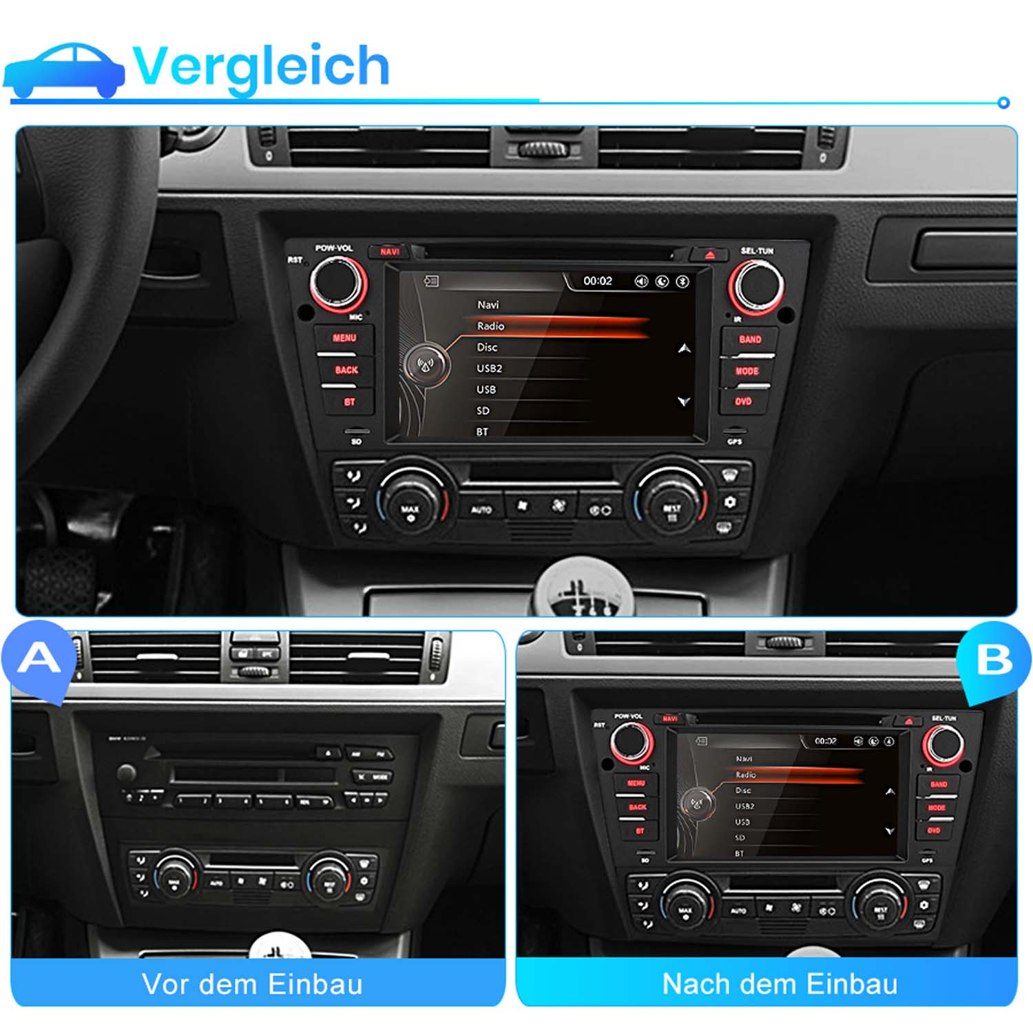 Vergleich von Autoradio-Einbau: Vorher (links) und Nachher (rechts).