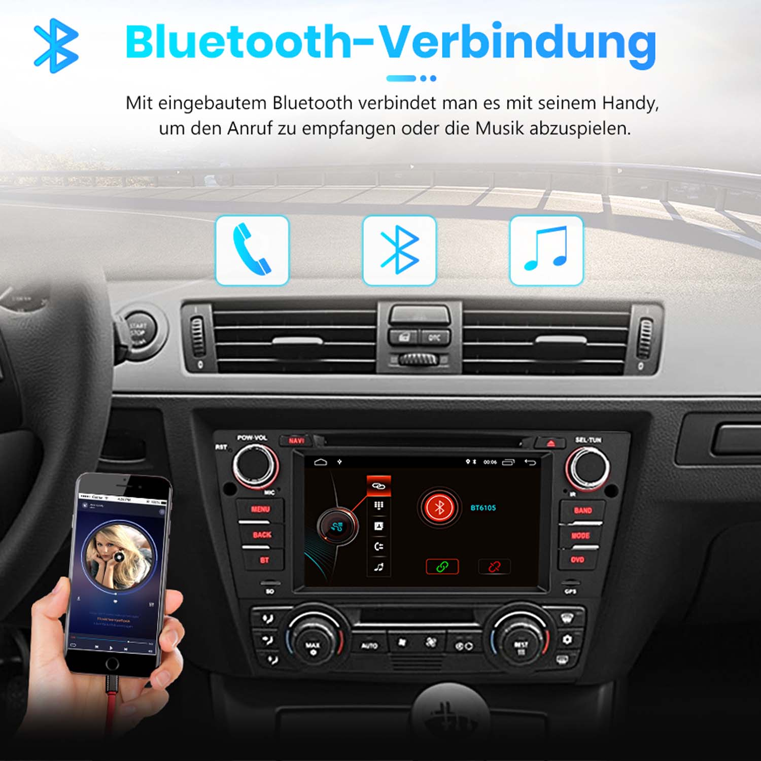 Ein Handy wird mit dem Auto-Infotainmentsystem über Bluetooth verbunden.