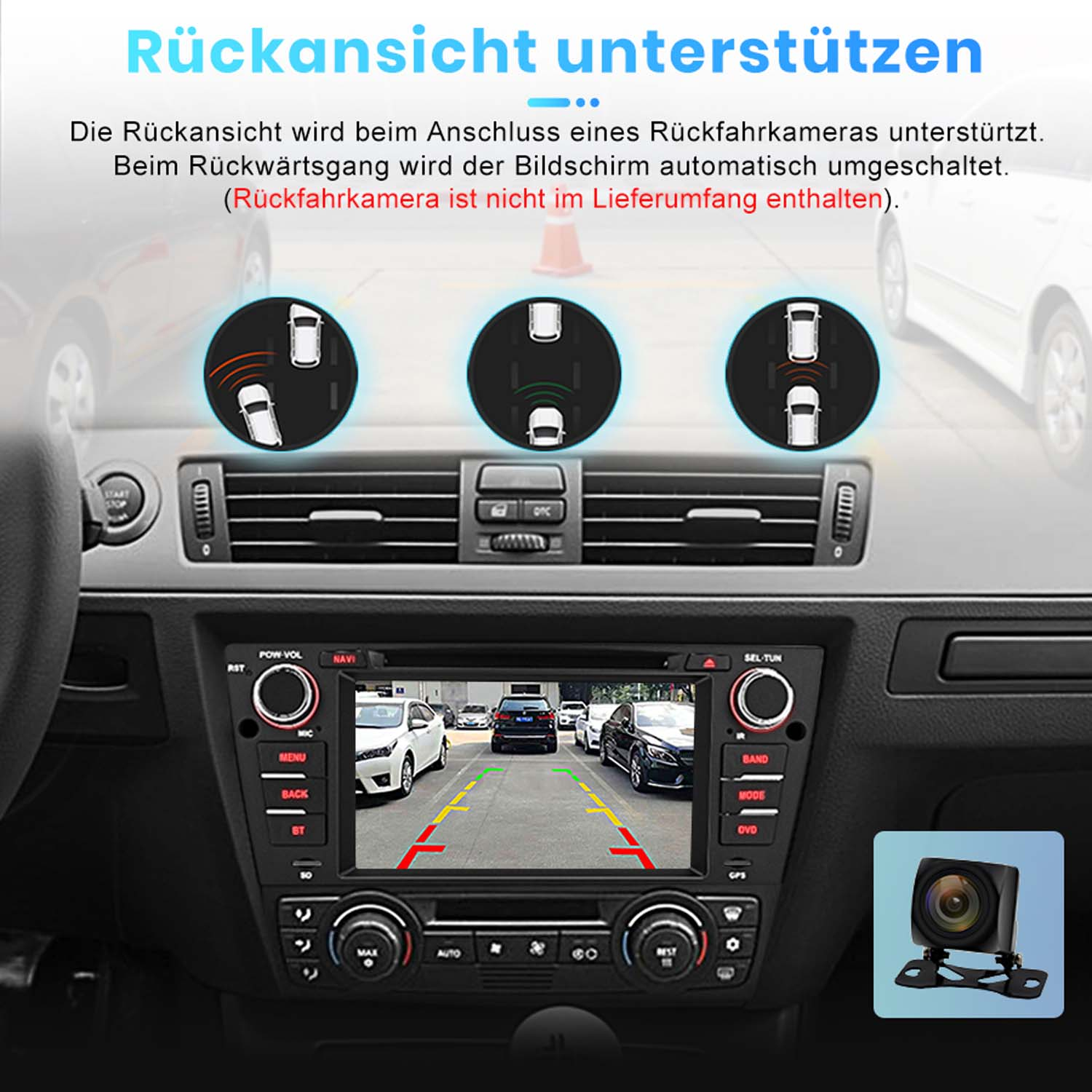 Auto-Rückfahrkamera-Anzeige auf einem Infotainment-Bildschirm.