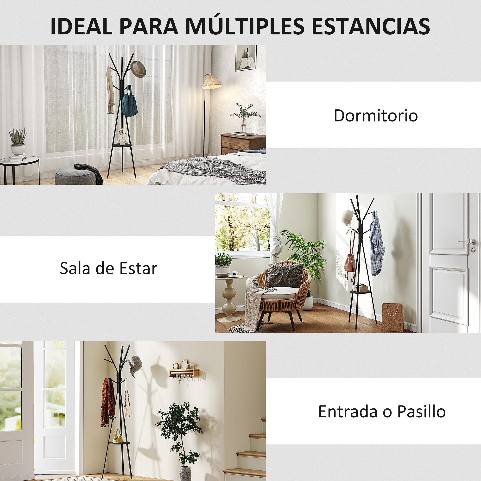 Perchero con sombrero, bufanda y bolso en dormitorio, sala y entrada.