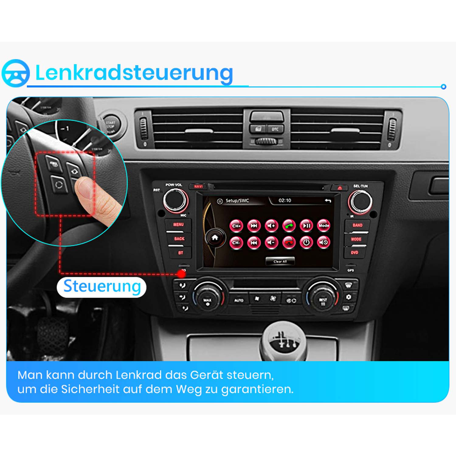 Ein Finger drückt auf Lenkradtasten, während das Autoradio-Display Navigationsmenüs zeigt.
