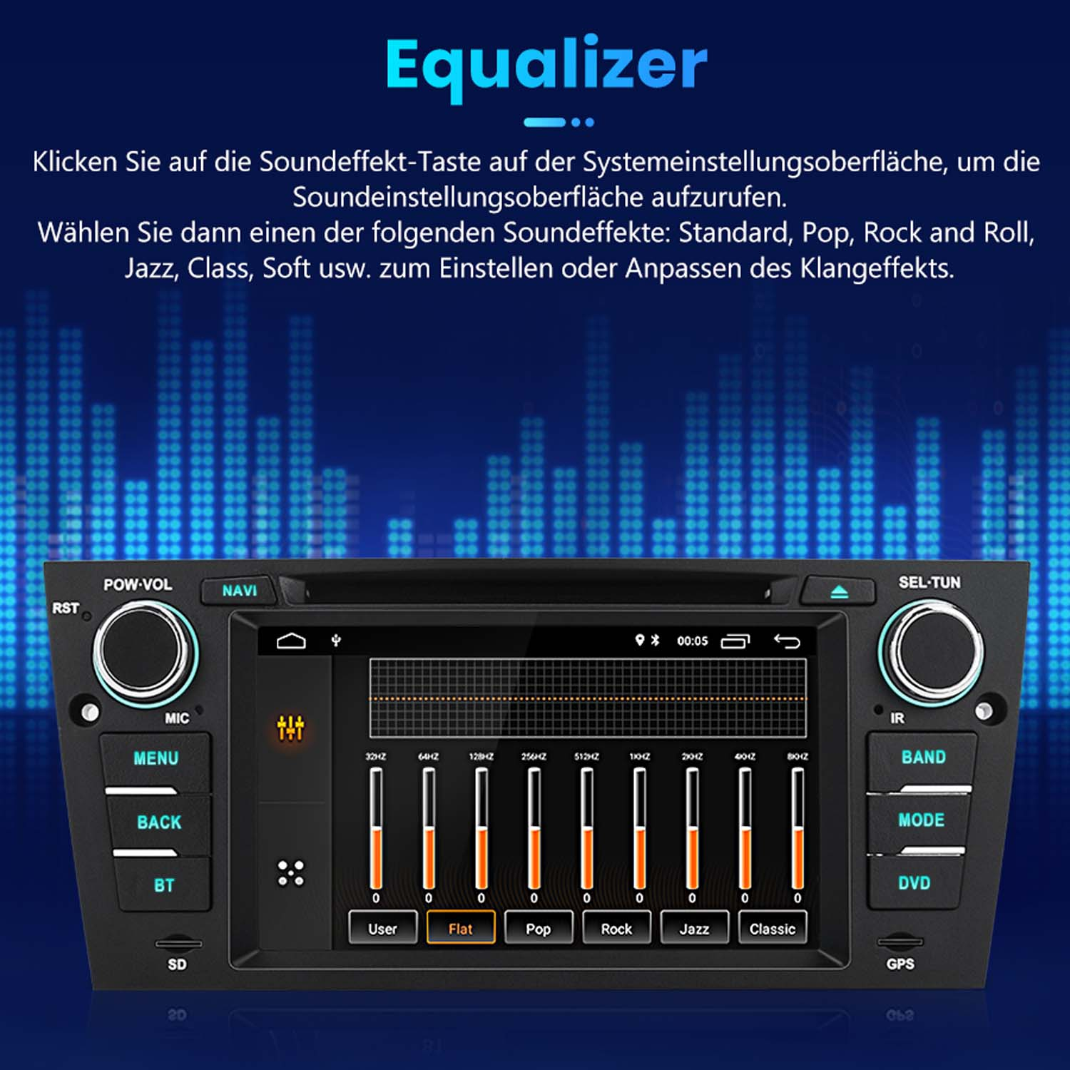 Ein Autoradio-Equalizer-Bildschirm mit Pegelreglern für Frequenzen.