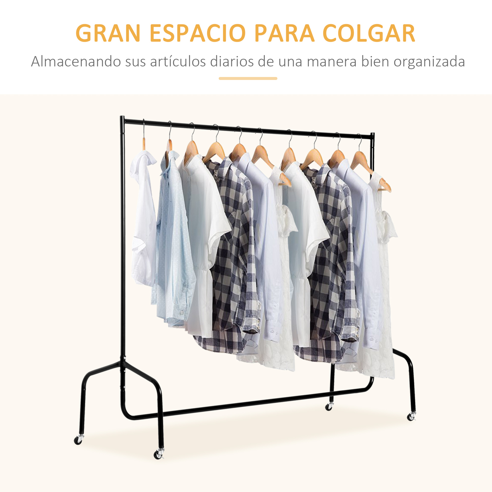 Un perchero negro con ruedas, colgado con camisas y vestidos variados.