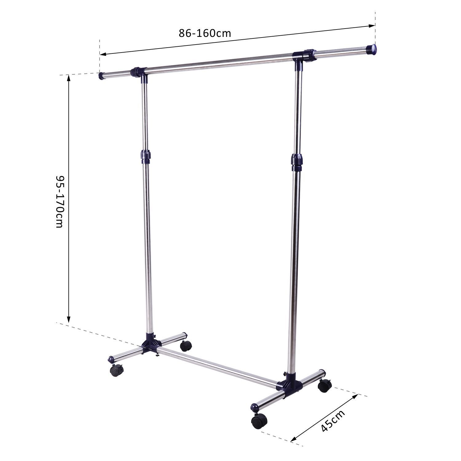 Un perchero metálico móvil con ruedas, medidas 86-160cm L, 95-170cm A, 45cm An.