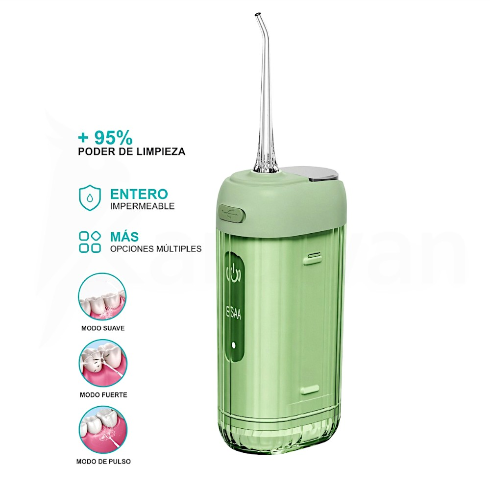 Un dispositivo irrigador bucal verde con accesorios y explicaciones.