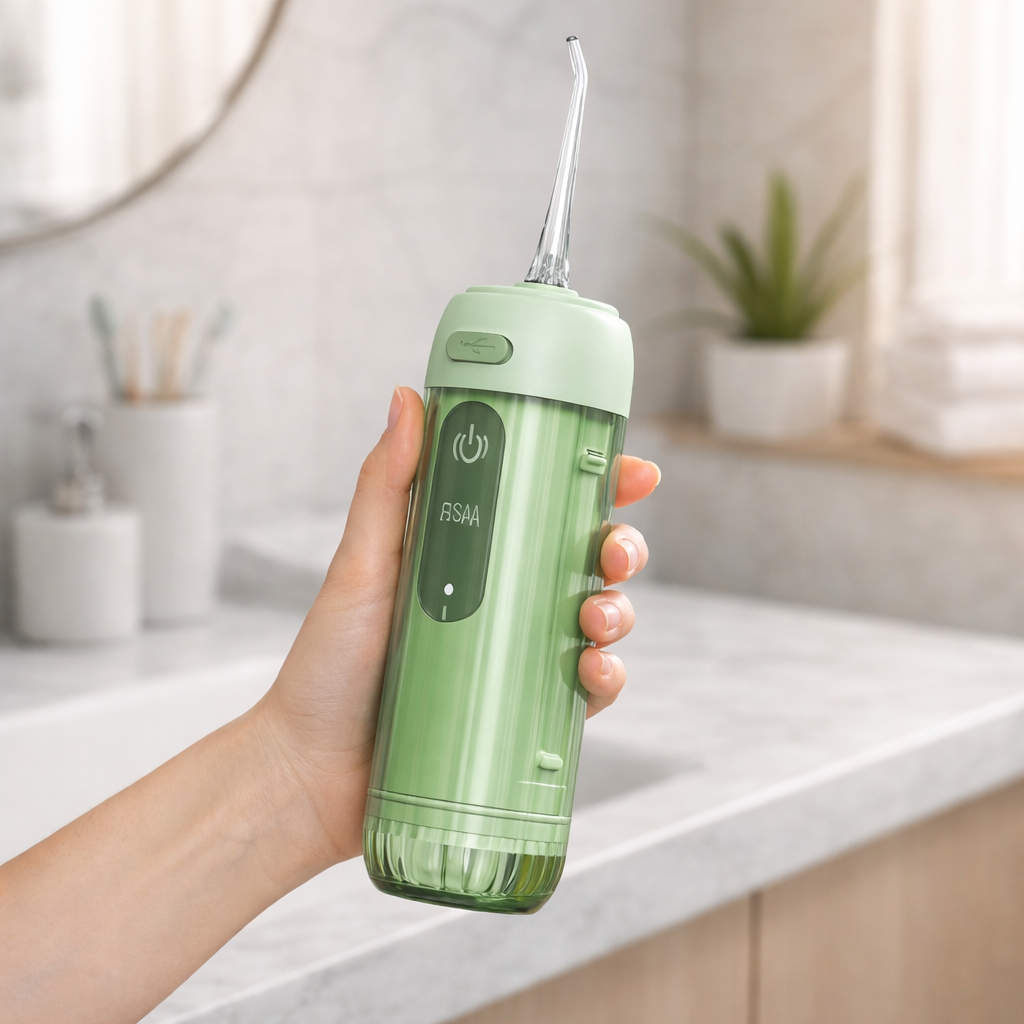 Una mano sostiene un irrigador bucal verde con boquilla transparente.