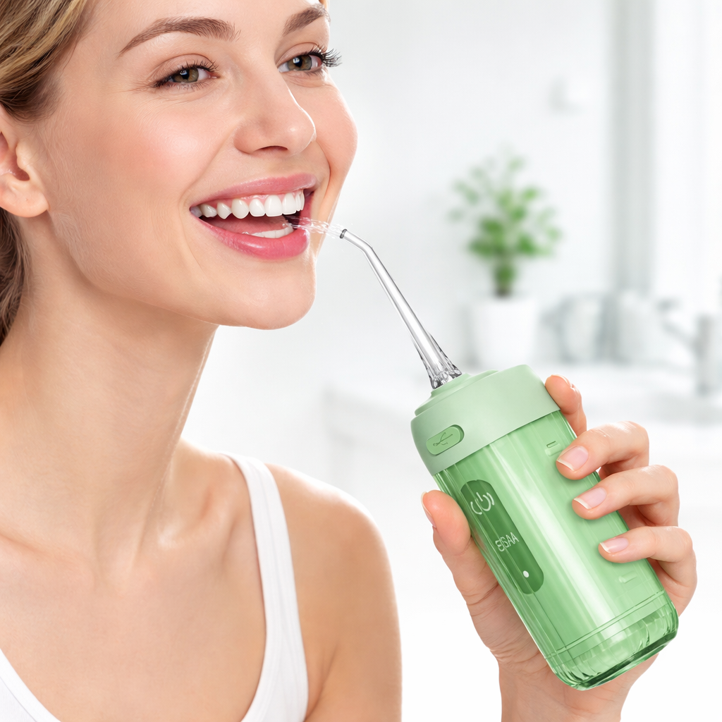 Una mujer usa un irrigador bucal verde para limpiar sus dientes.