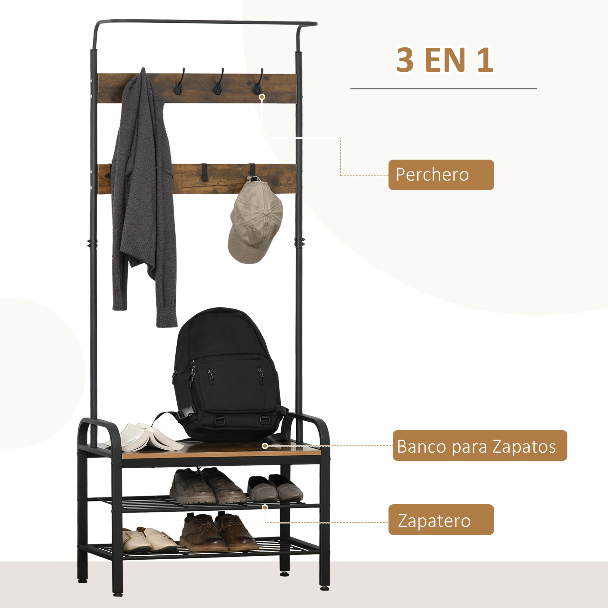 Perchero con zapatero: ganchos, banco, estantes para zapatos, mochila, chaqueta, gorra.