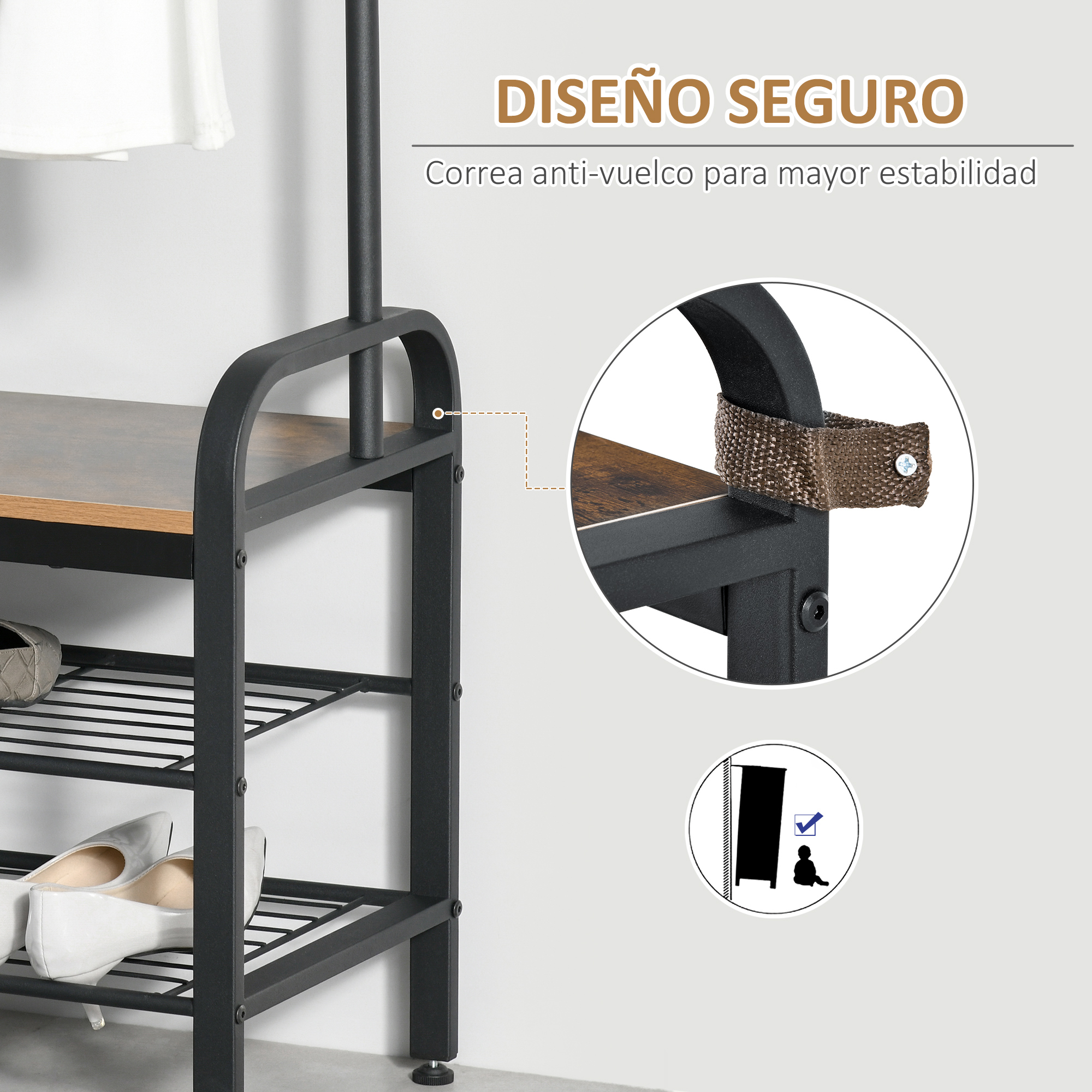Un estante negro con superficies de madera y sistema de correa antivuelco.