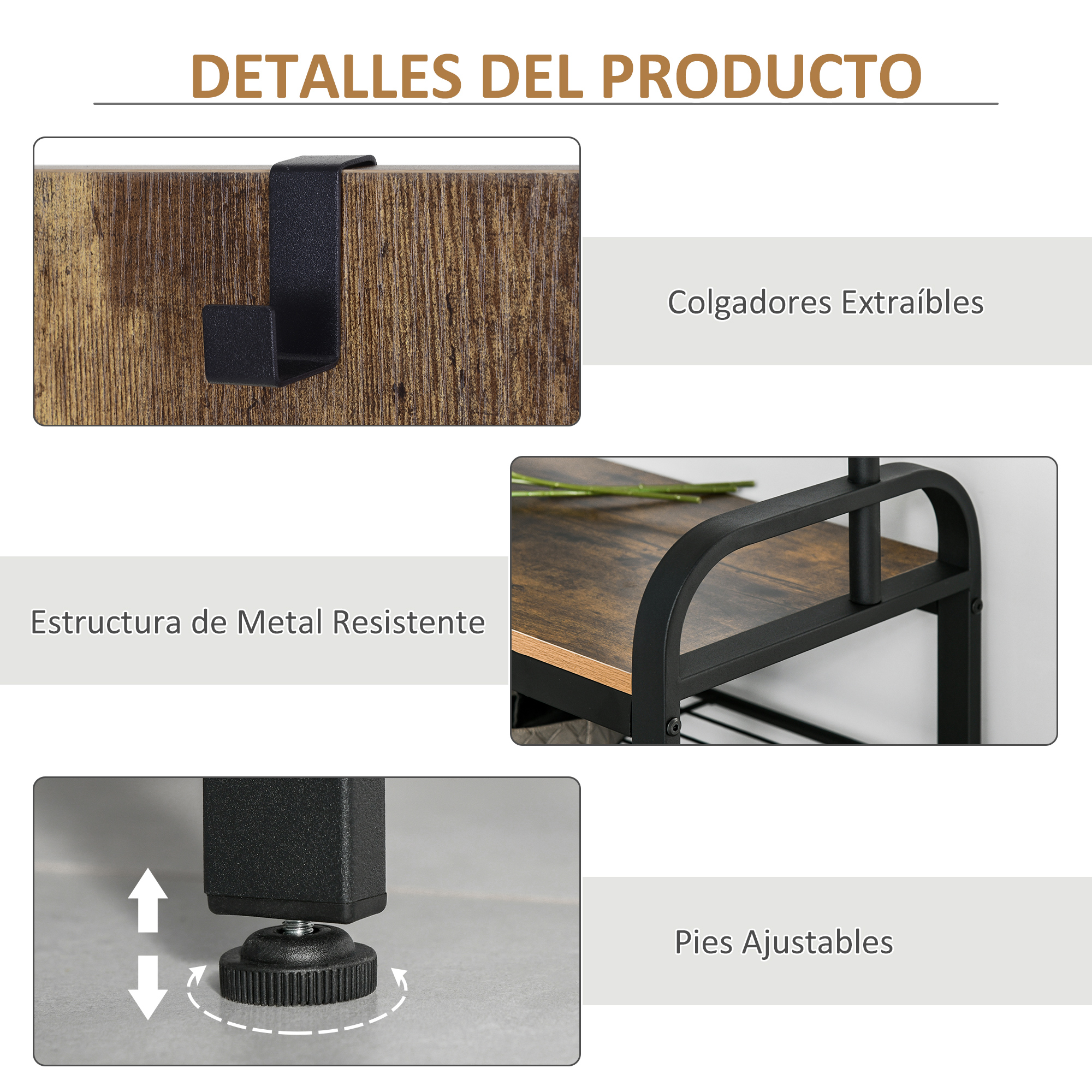 Detalles del producto: gancho extraíble, estructura metálica, pies ajustables.
