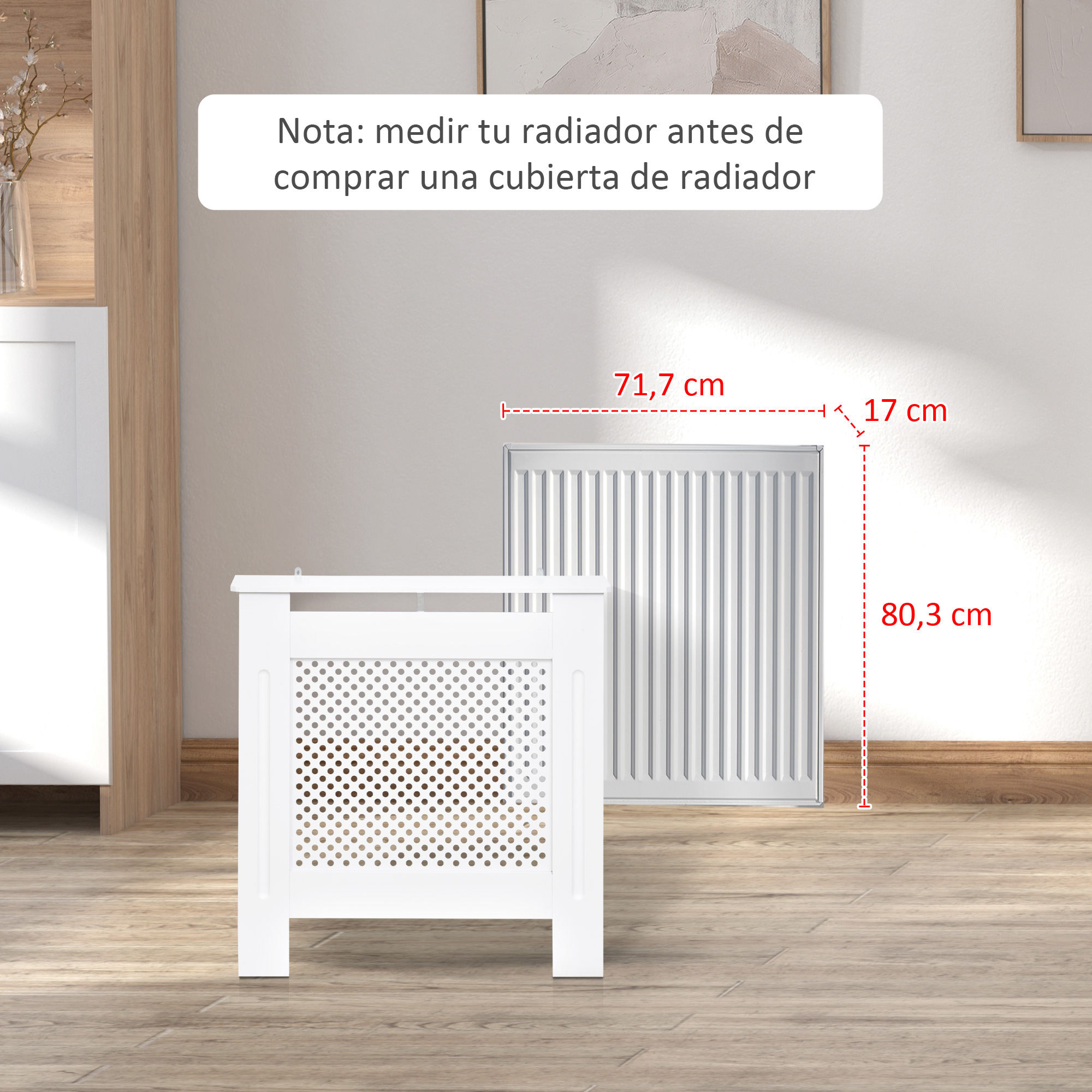 Una cubierta blanca para radiador delante de un radiador. Se muestran dimensiones.