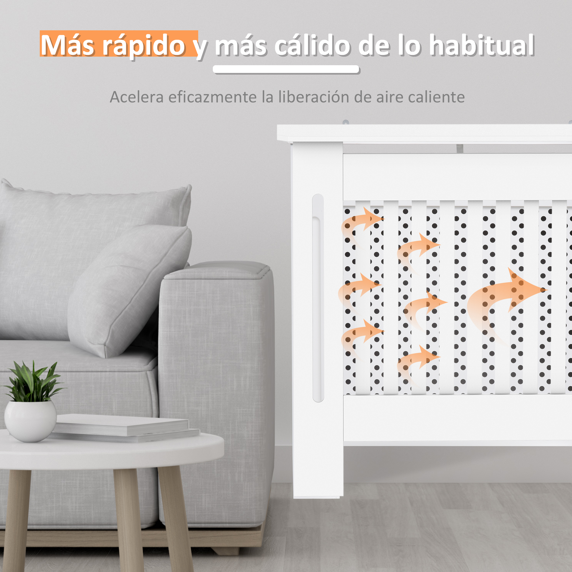 Una cuna blanca con flechas naranjas que indican flujo de aire caliente.