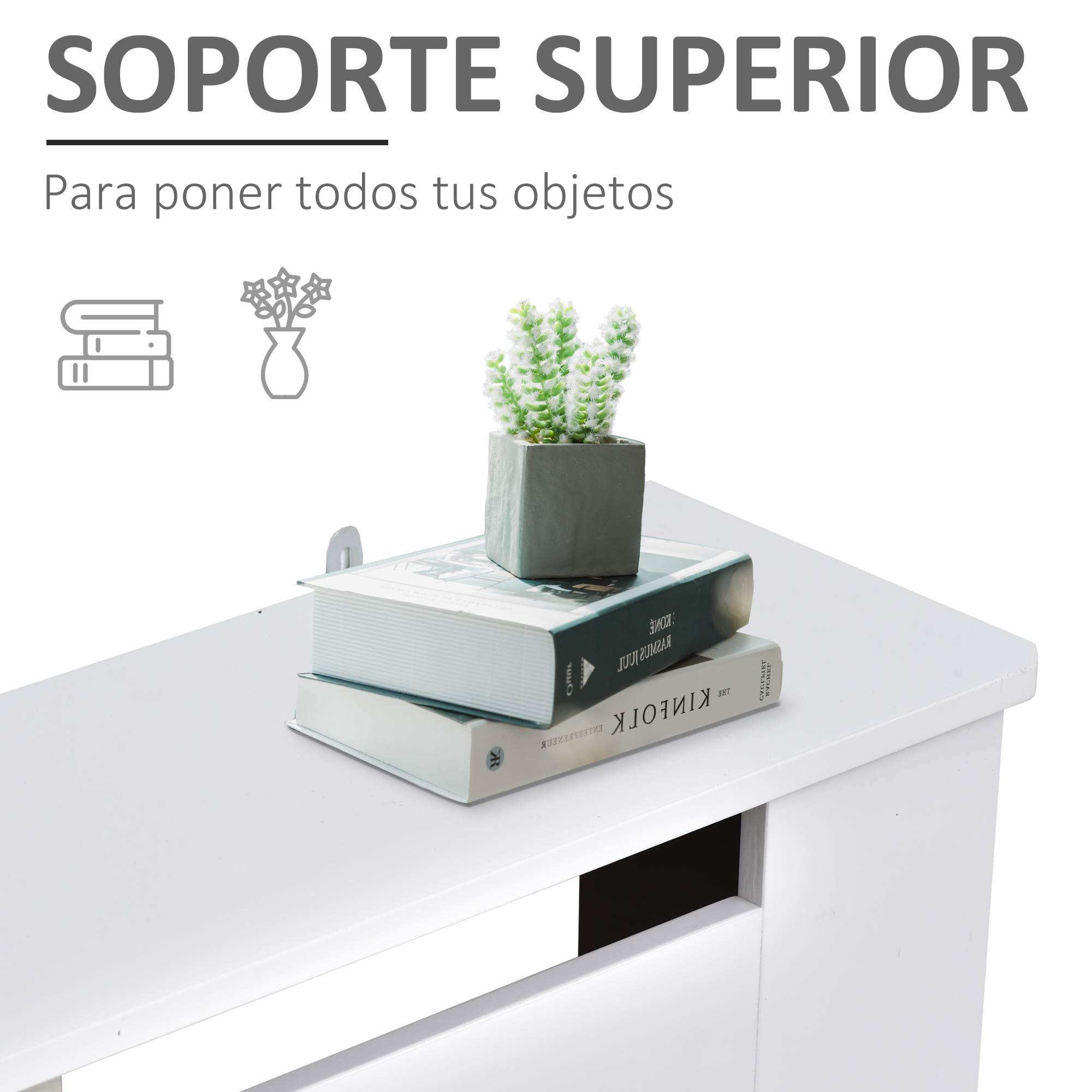 Una estantería blanca con libros y una planta en maceta. El texto dice 'SOPORTE SUPERIOR'.