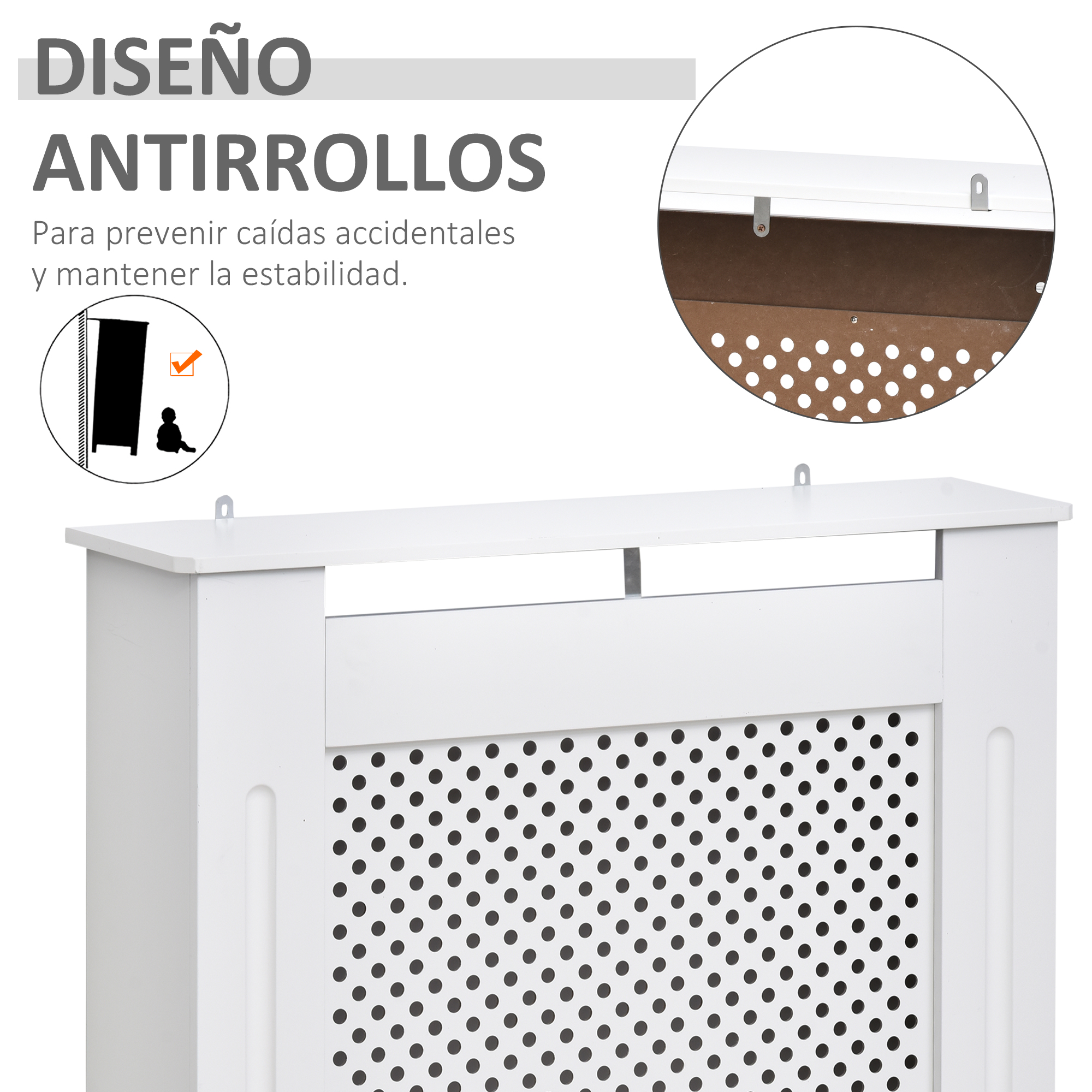 Funda blanca para radiador con frente perforado y soportes de montaje.
