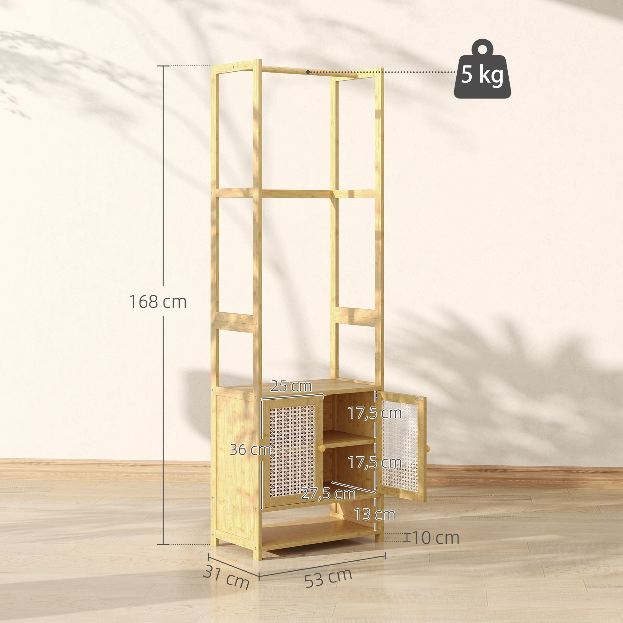 Un estante de madera de 4 niveles con 2 puertas, medidas 168x53x31x110 cm, carga 5 kg.