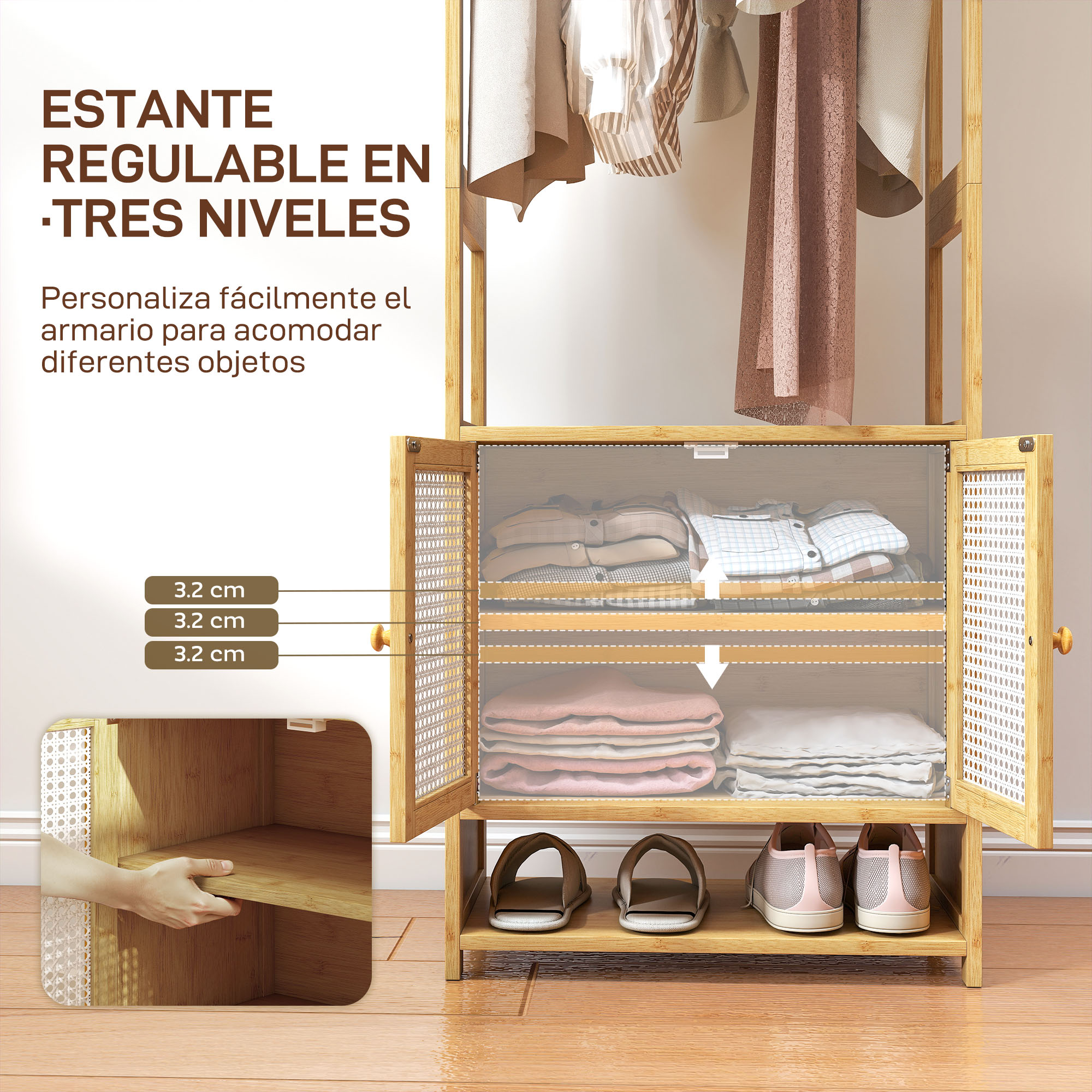 Armario de madera con ropa y zapatos, estantes ajustables y medidas.