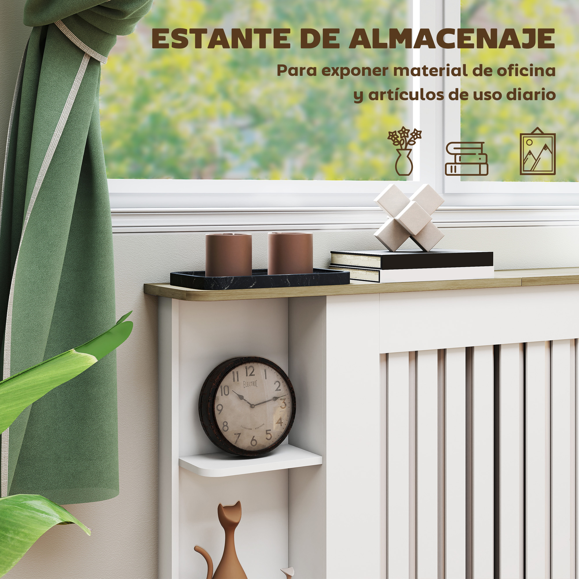 Un estante con velas, libros y un reloj junto a una ventana con cortinas verdes.