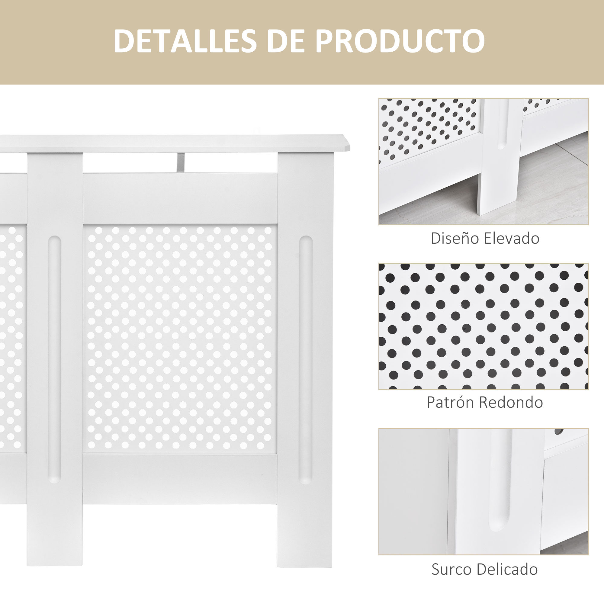 Funda blanca para radiador con estampado de lunares y patas elevadas.
