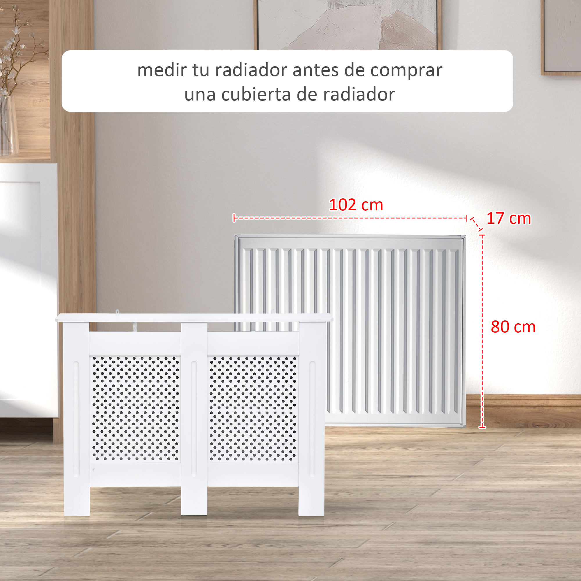 Un radiador blanco y una cubierta de radiador blanca con medidas.
