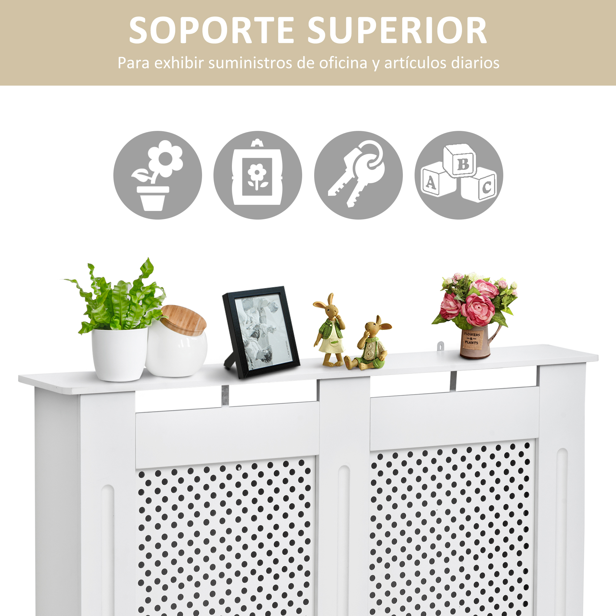 Estante blanco con plantas, jarrones, marco de fotos y figuras de conejos.