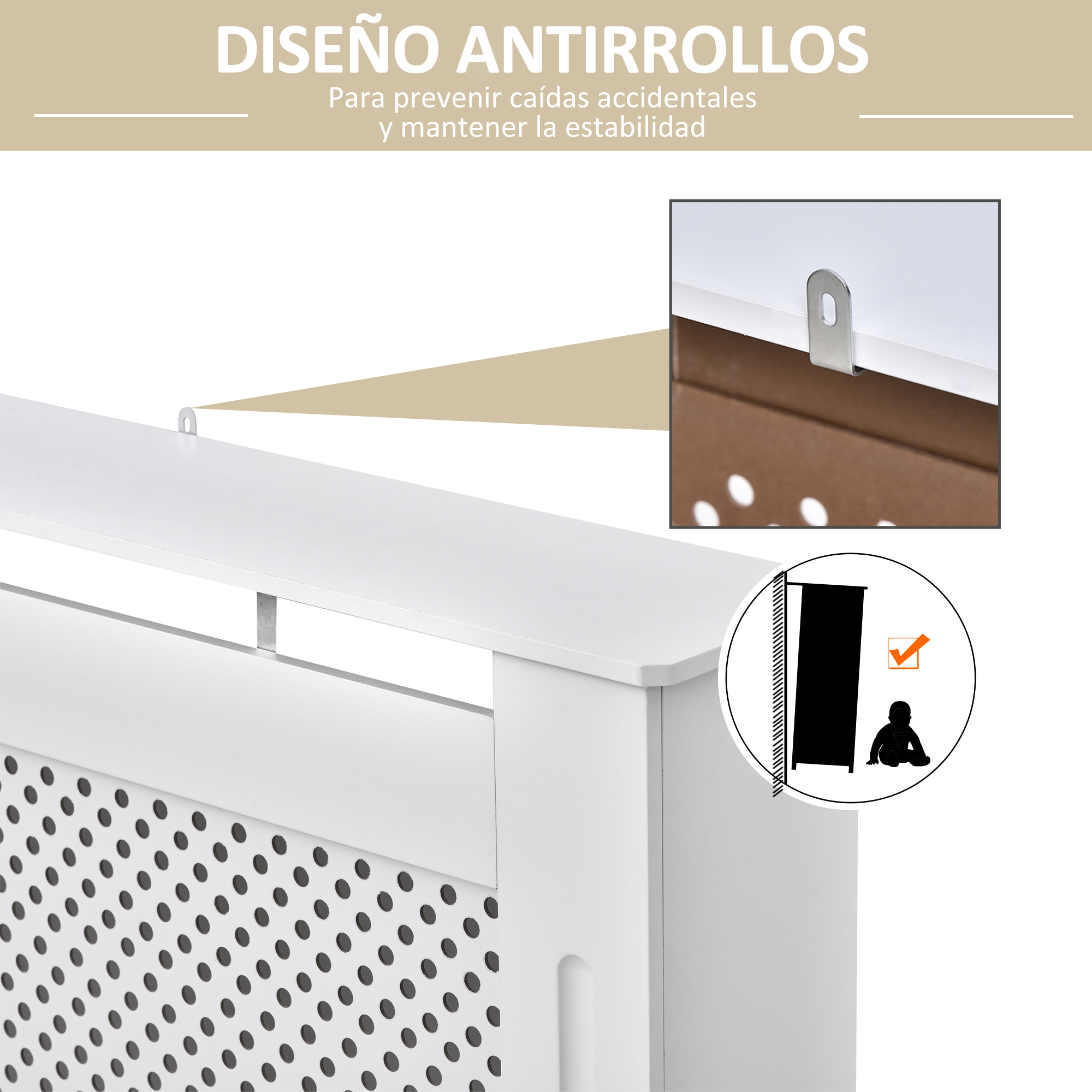 Diseño antivuelco con soporte e icono de seguridad infantil.