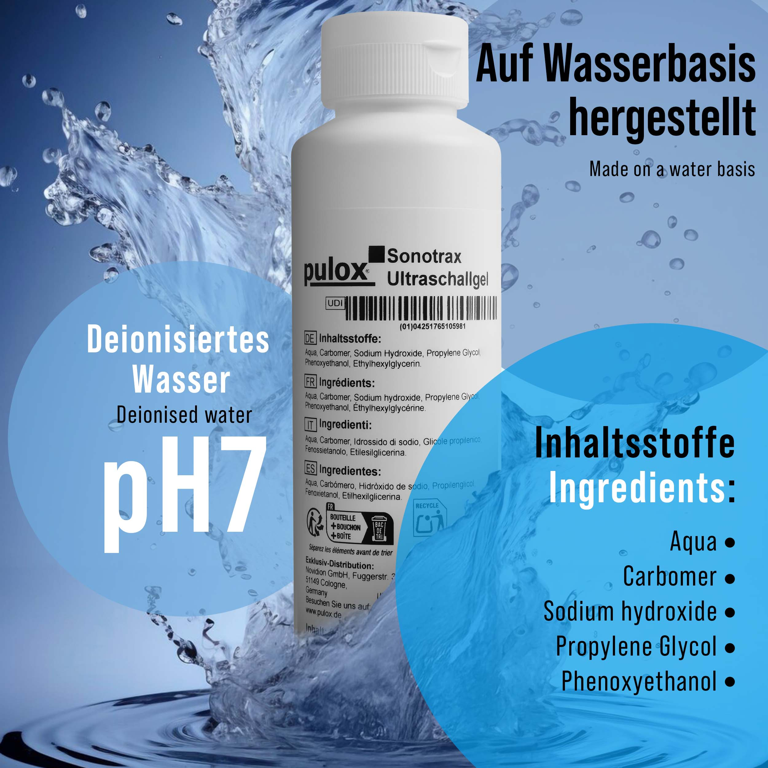 Ein weißer Flakon mit Ultraschallgel steht vor einem blauen Hintergrund mit Wasserspritzern.