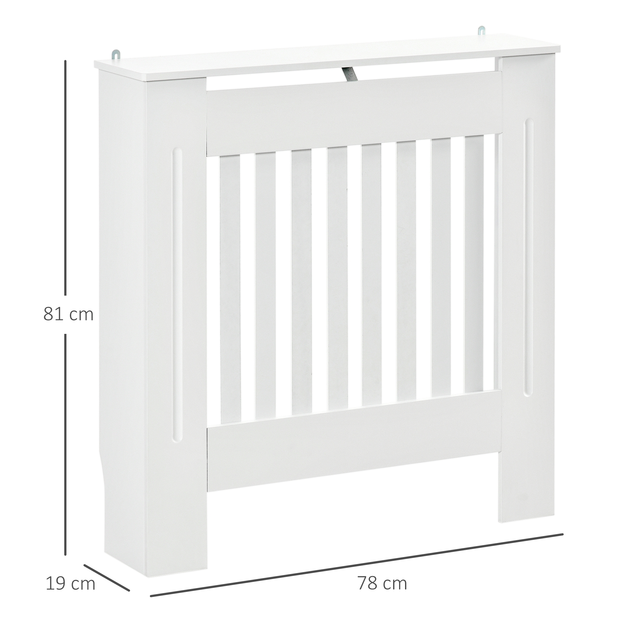 Una cubierta blanca para radiador con listones verticales. Dimensiones: 81x78x19 cm.