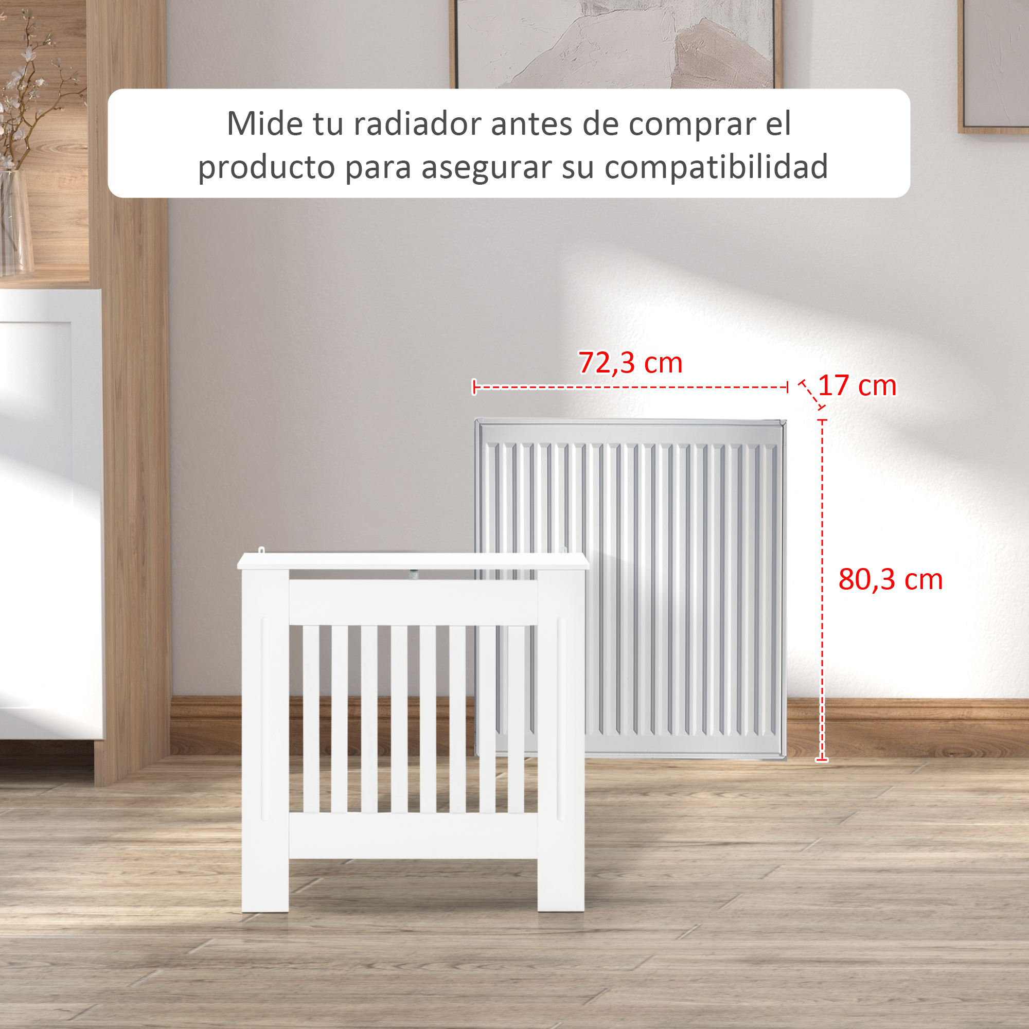 Funda blanca para radiador y radiador con medidas.
