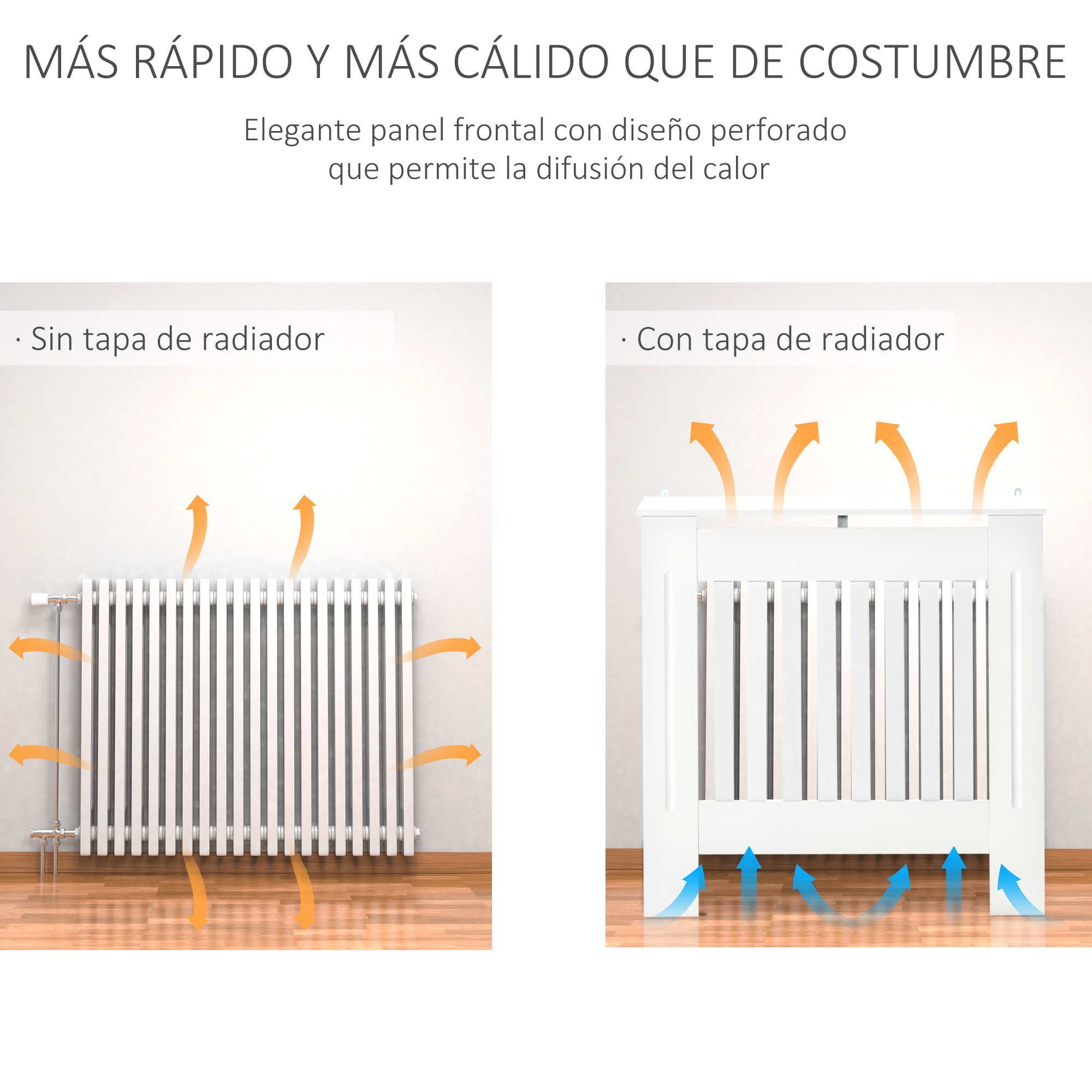 Un radiador sin cubierta con flechas naranjas mostrando calor y uno con cubierta con flechas azules.