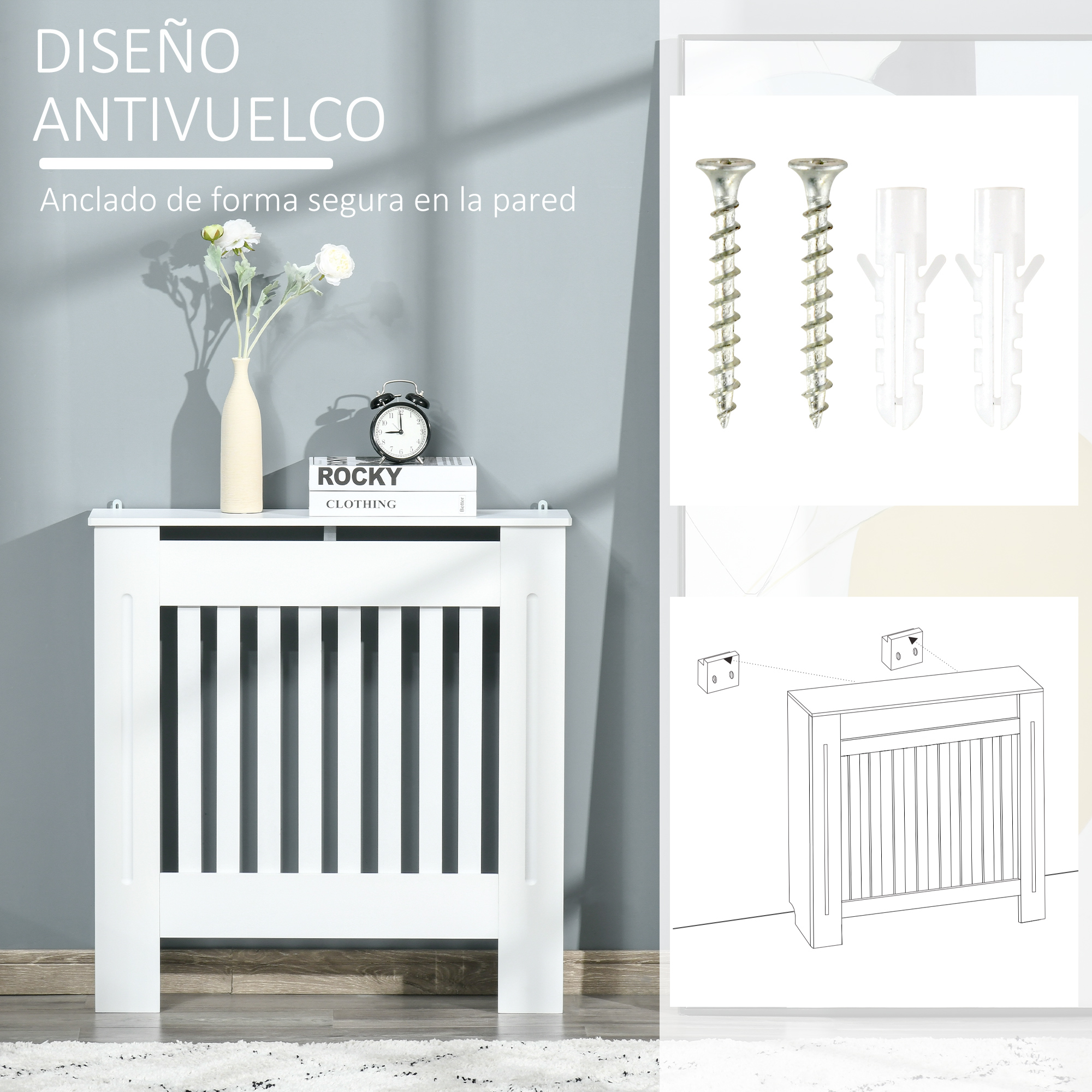 Soporte de cubierta de radiador blanco con accesorios de montaje en pared.