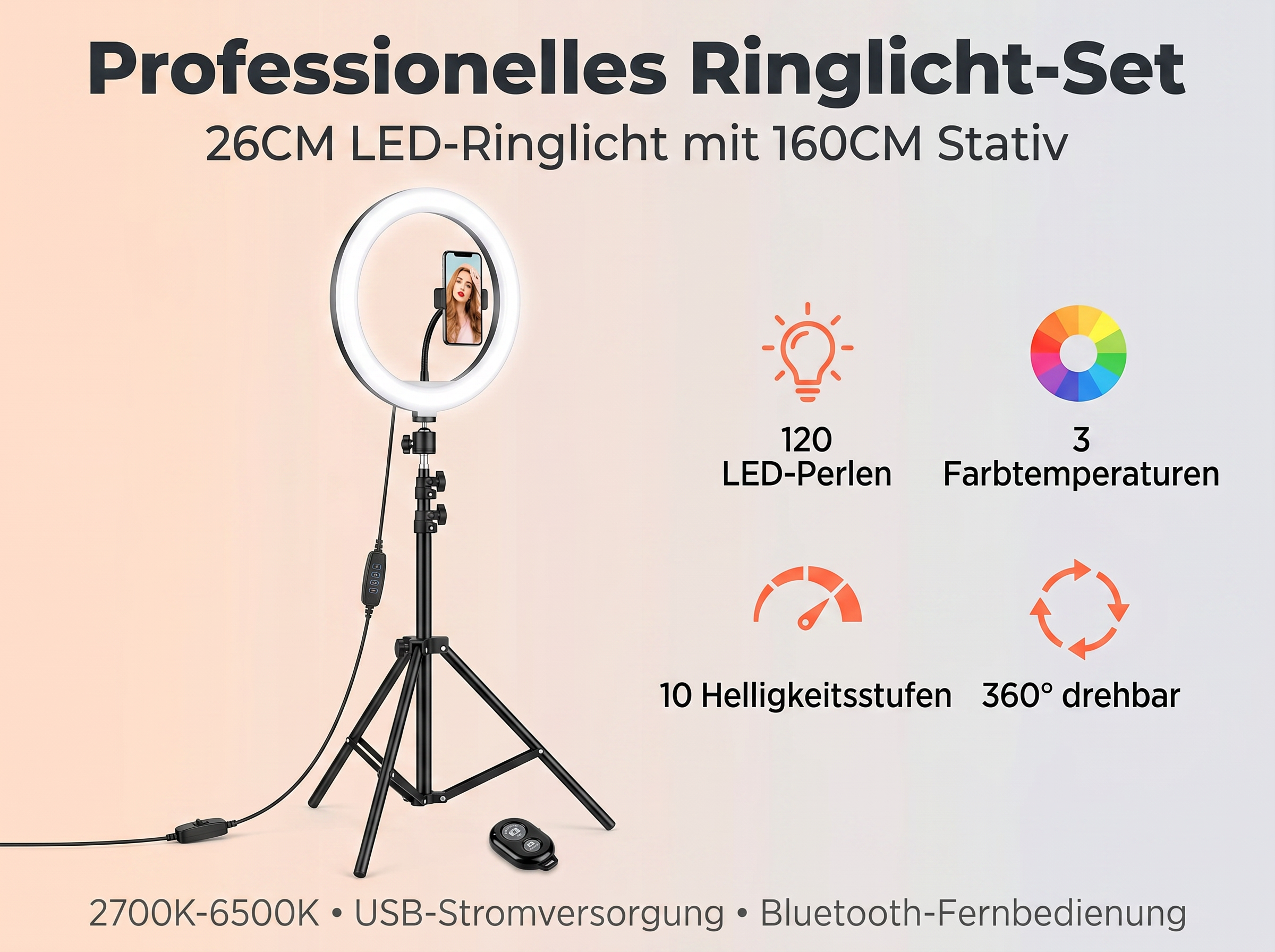 26cm LED Ringlicht mit Stativ, 120 LEDs, 3 Farbtemperaturen, 10 Helligkeiten.