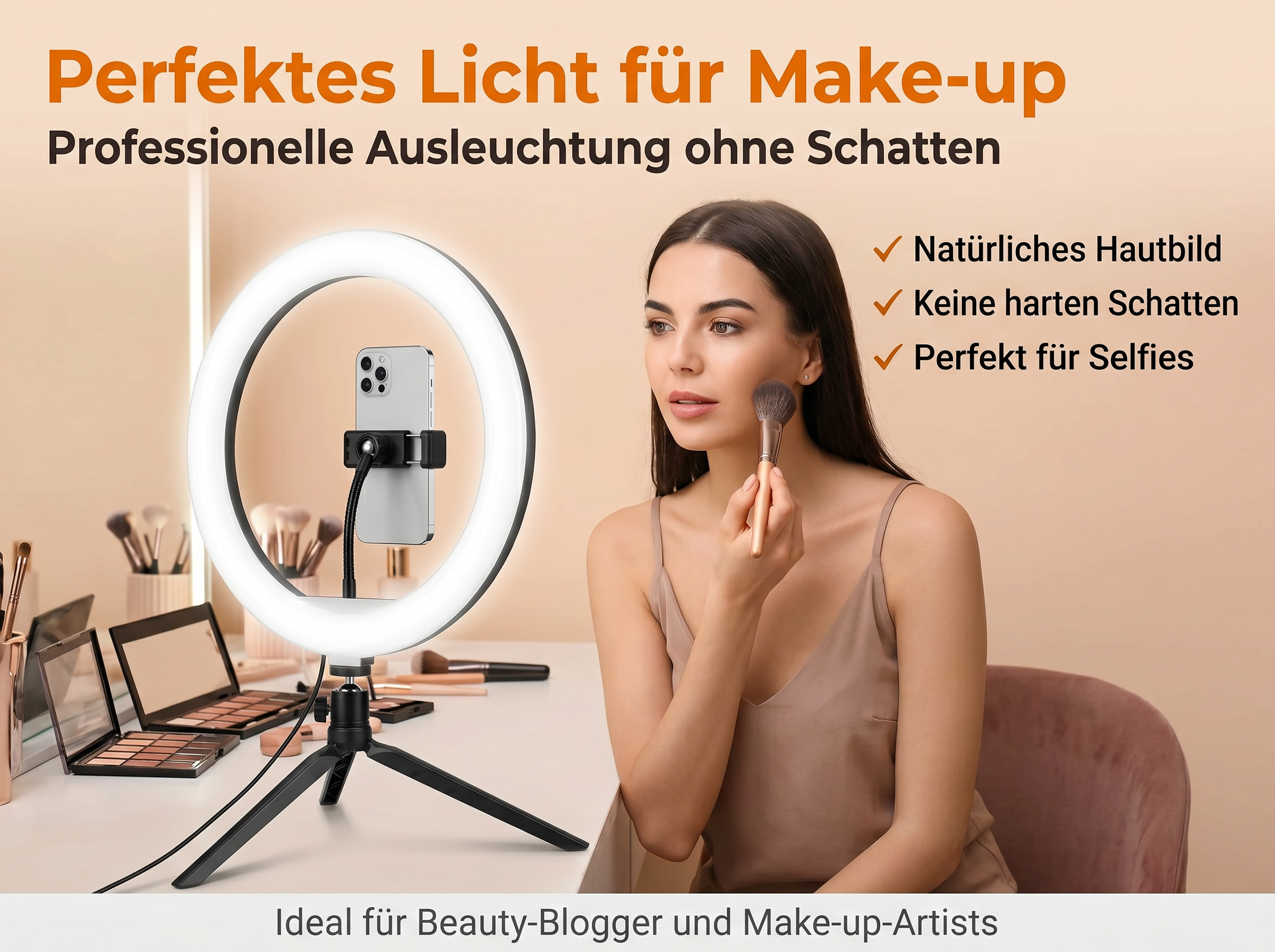 Eine Frau trägt Make-up mit einem Ringlicht und Handy-Halterung auf dem Tisch.