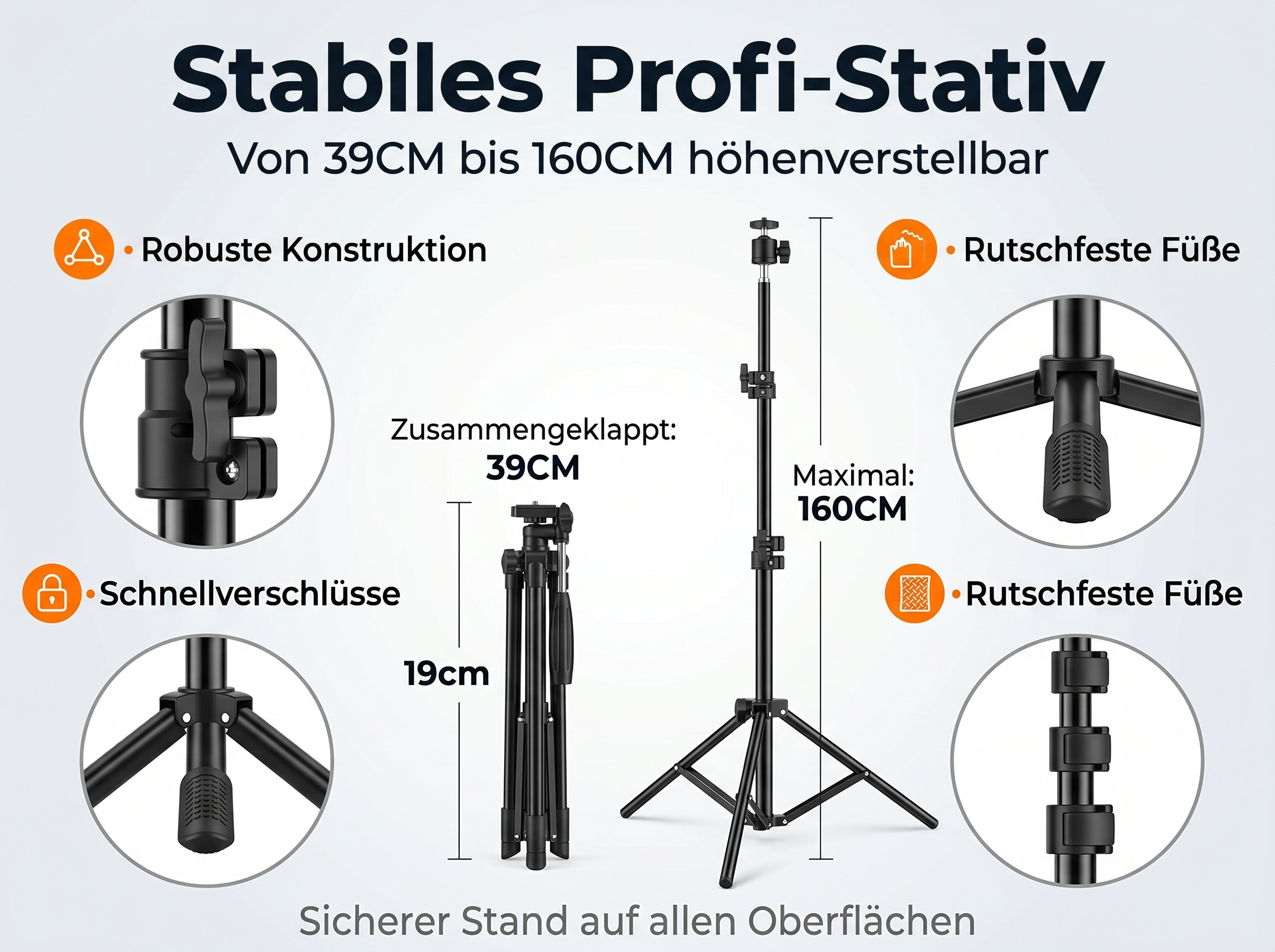 Ein schwarzes Stativ mit Details zu Höhe, Verschluss und rutschfesten Füßen.