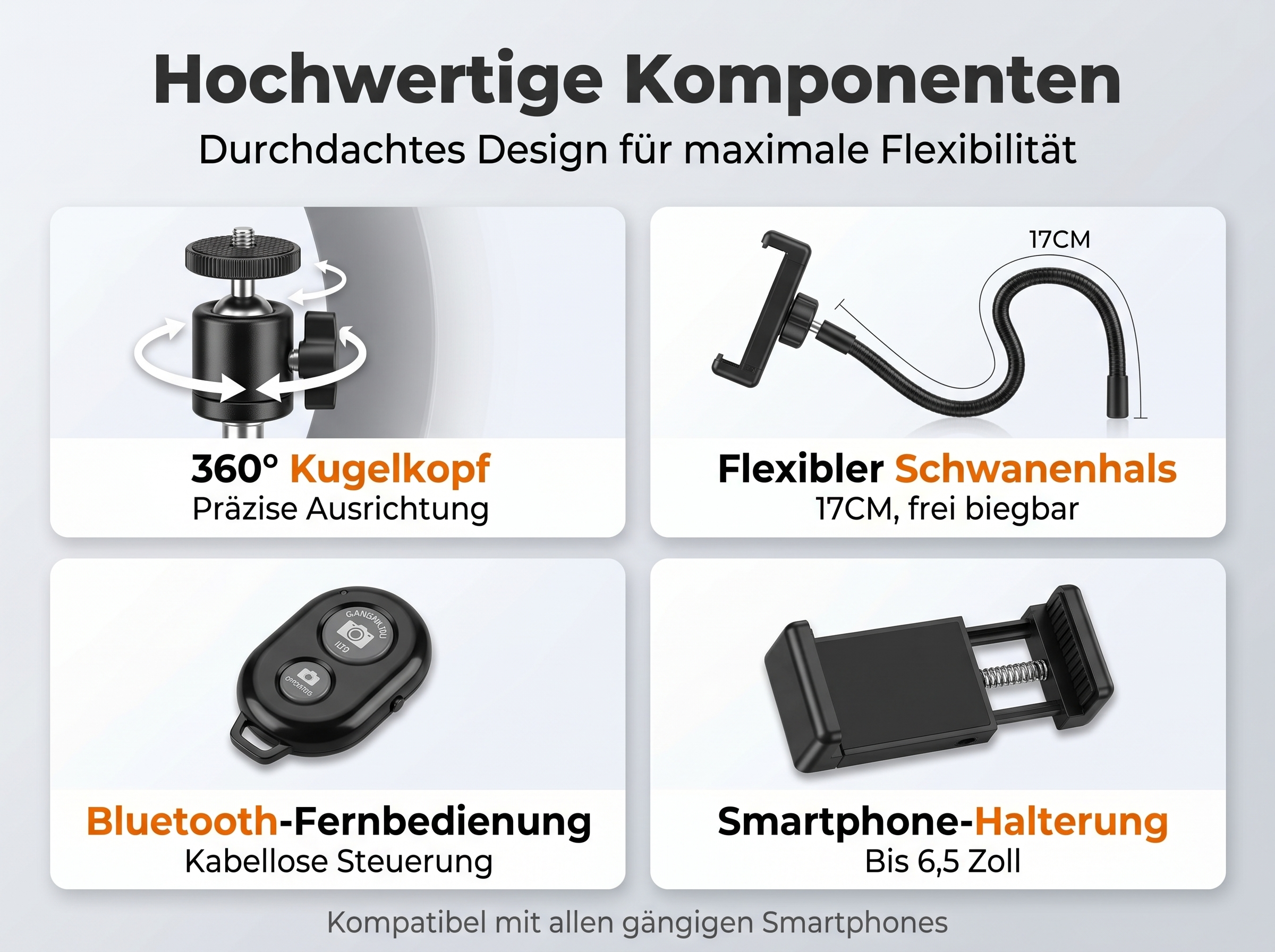 Hochwertige Komponenten: 360° Kugelkopf, flexibler Schwanenhals, Bluetooth-Fernbedienung, Smartphone-Halterung.