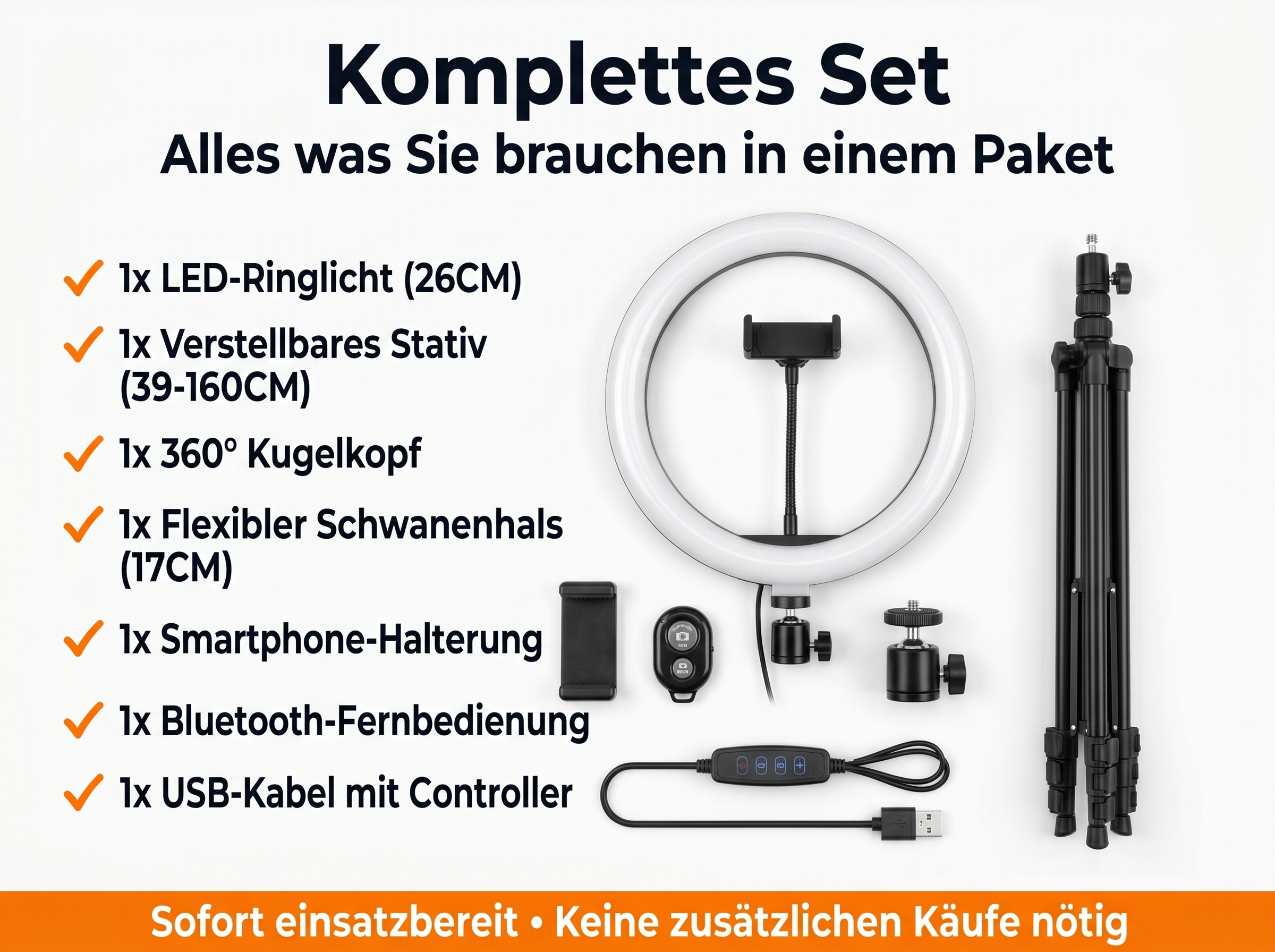 Ein Ringlicht-Set mit Stativ, Kugelgelenk, Schwanenhals, Handyhalterung, Fernbedienung und USB-Kabel.