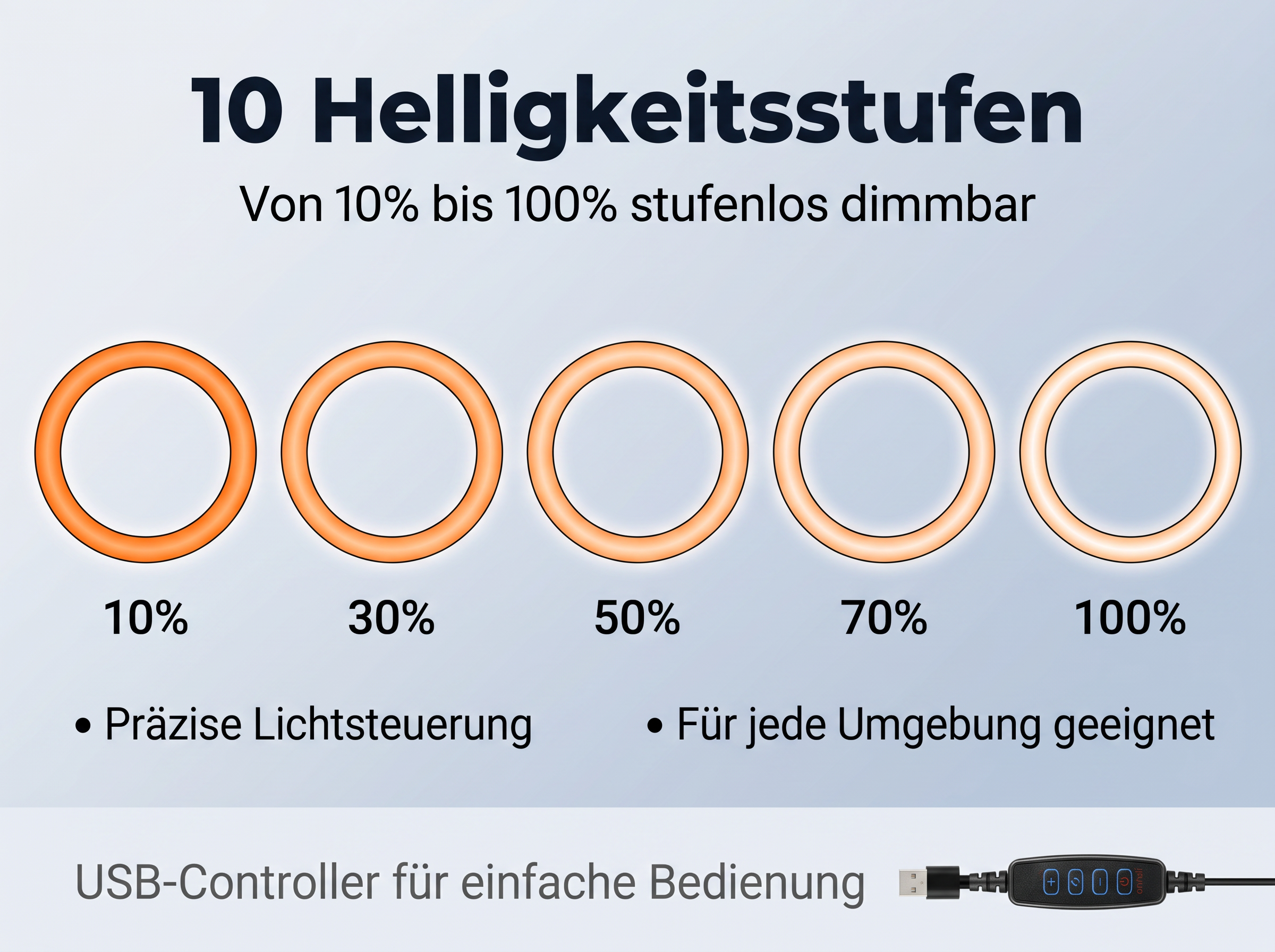 Fünf Ringe zeigen Helligkeitsstufen von 10% bis 100%. USB-Controller unten.