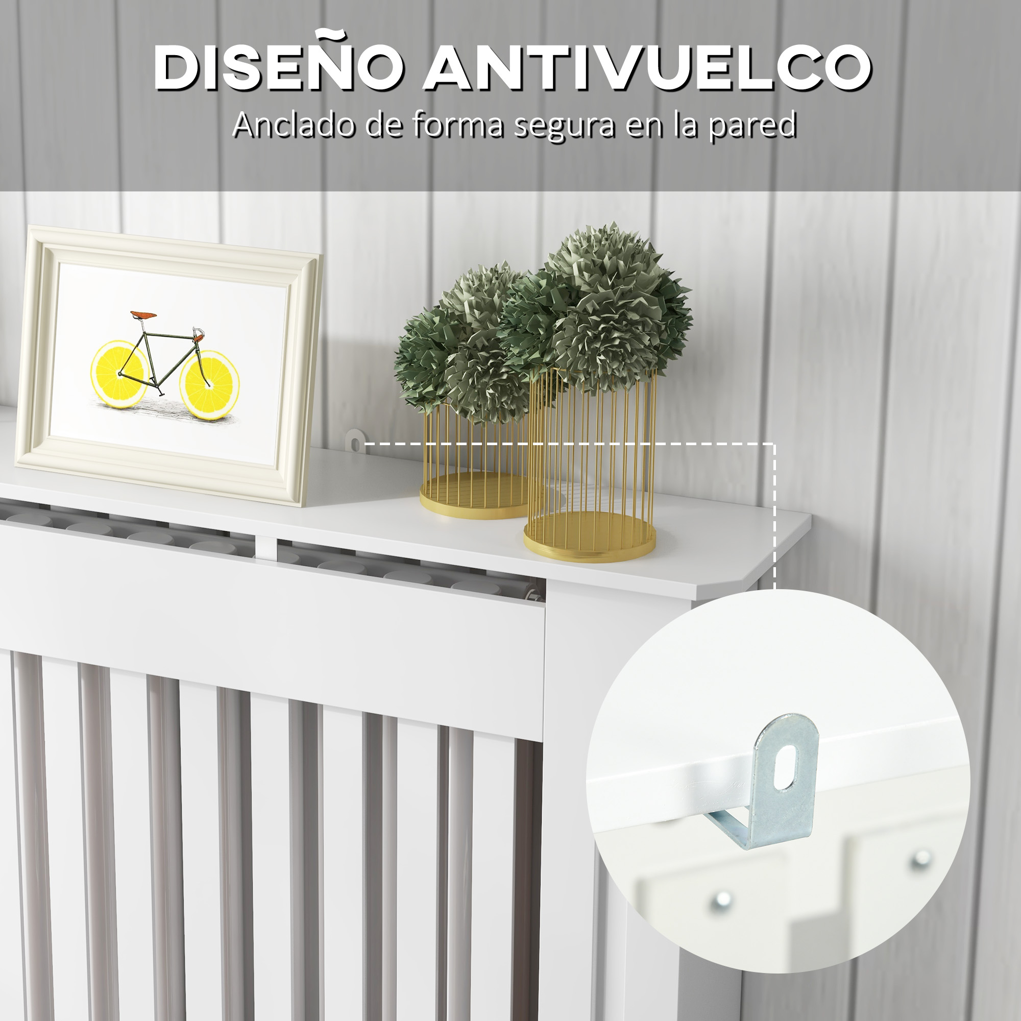 Una cubierta de radiador blanca con un cuadro, plantas y soporte de pared.