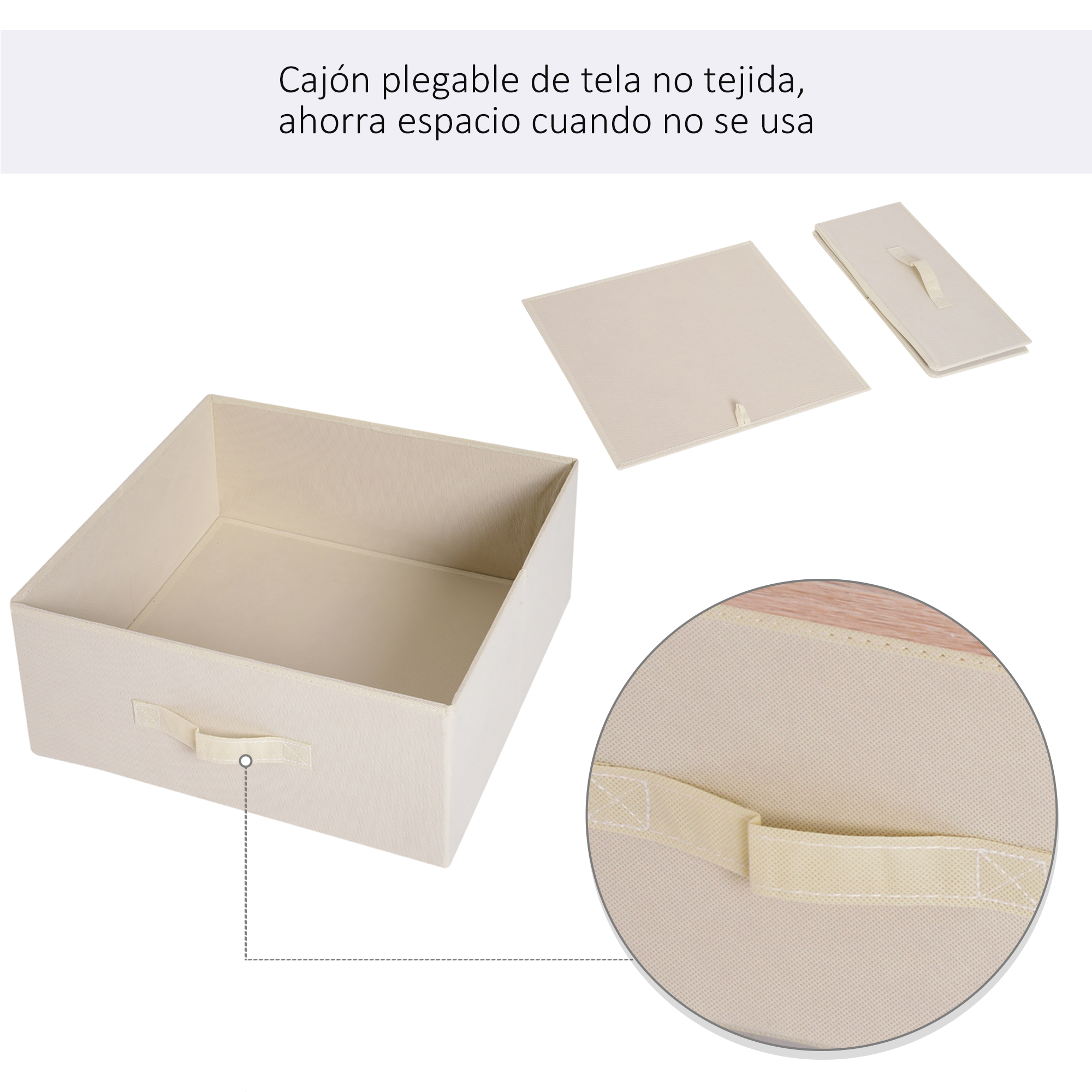 Un cajón de tela beige con asas, mostrado con tapa y lados plegados. Ahorra espacio.