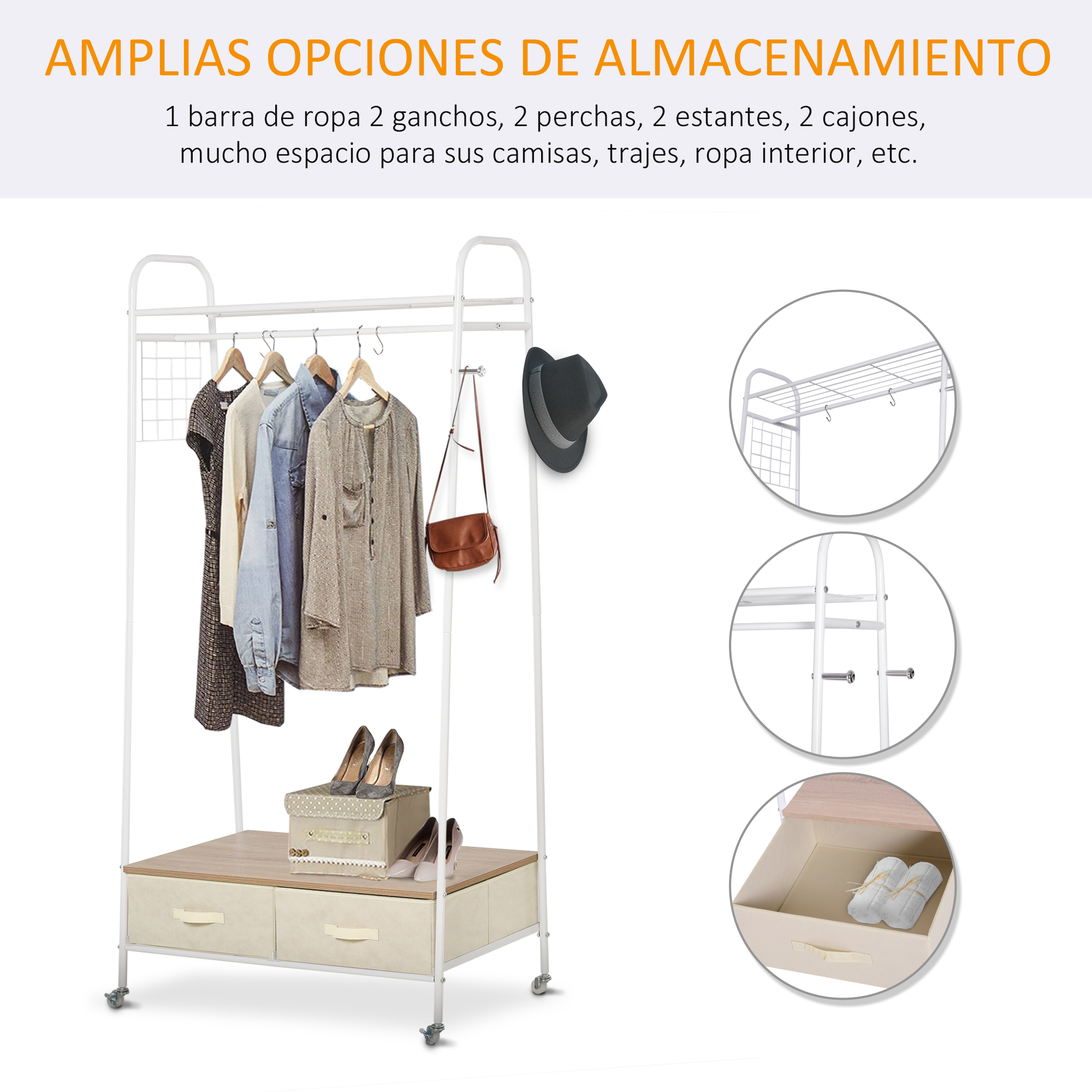 Un perchero blanco con ropa, zapatos y un bolso. Incluye cajones.
