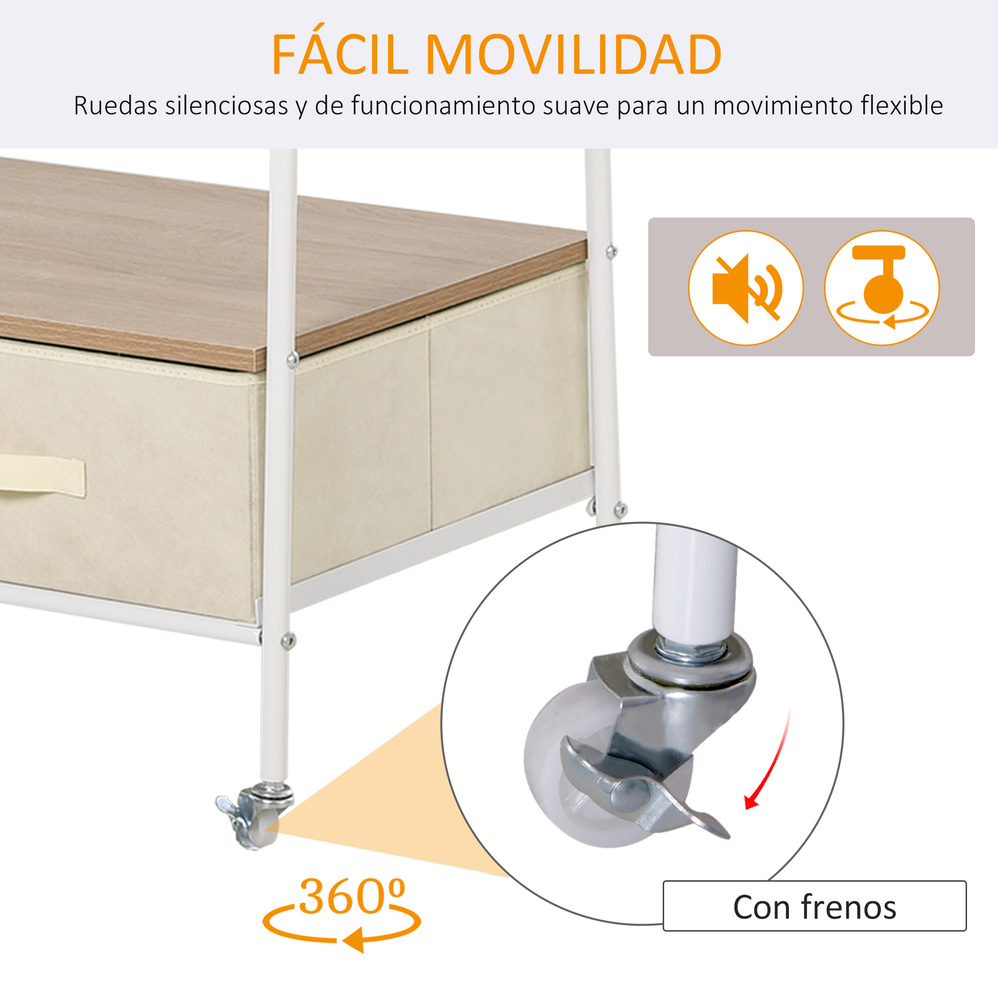 Carrito rodante con cajones de tela, ruedas de 360 grados y frenos.