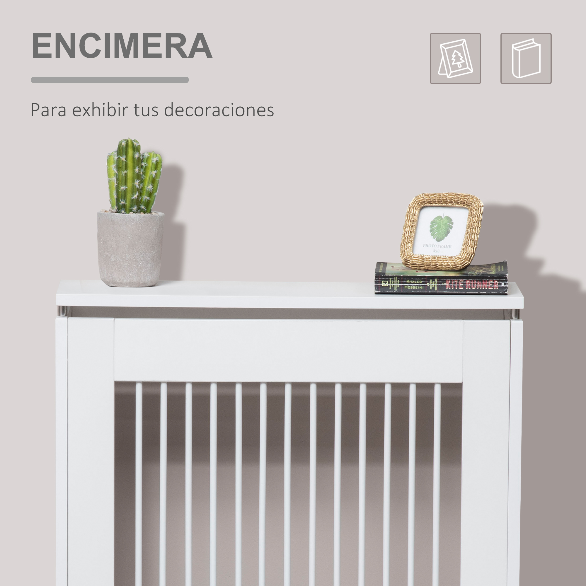 Superficie superior blanca con planta en maceta y libros, debajo un radiador blanco.