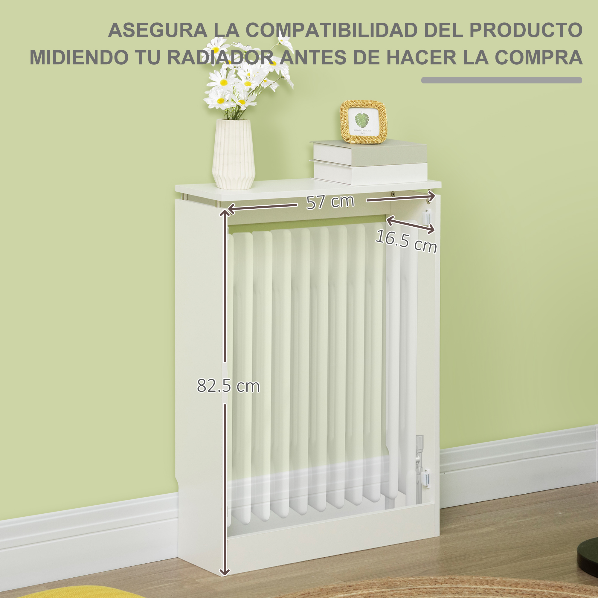 Funda blanca para radiador con medidas: 82,5 cm Al, 57 cm An, 16,5 cm Pr.