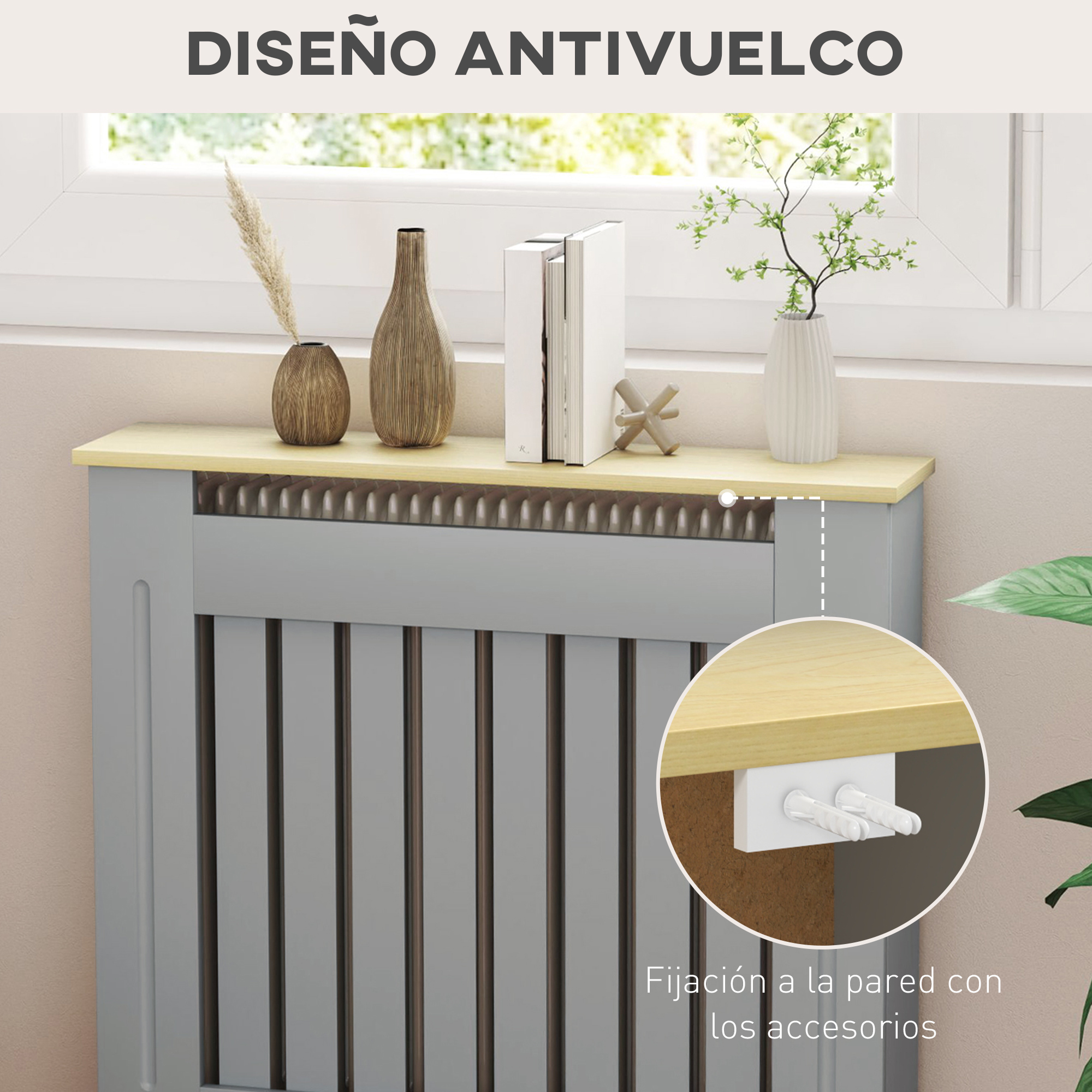 Funda de radiador gris con tapa de madera, decoración y fijación a pared.