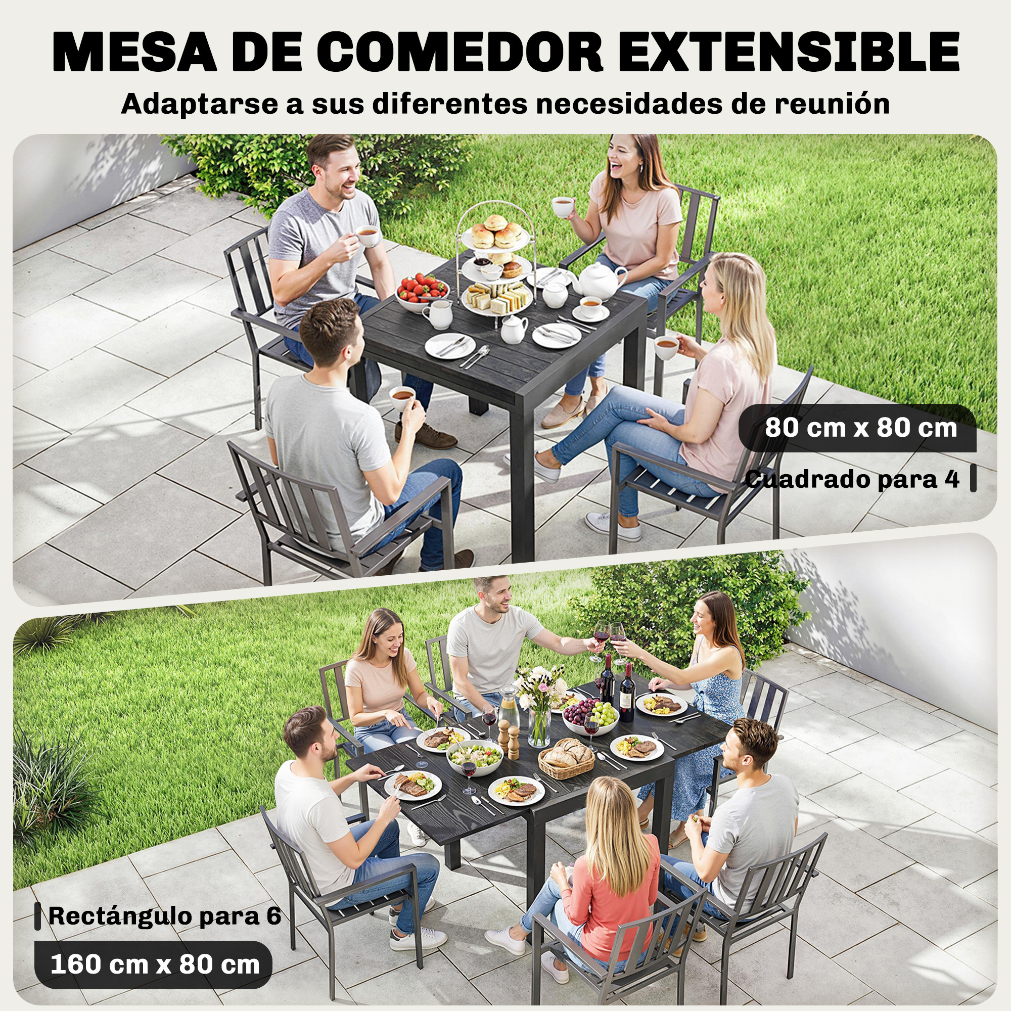 Se muestra una mesa de comedor extensible, una vez cuadrada para 4, otra rectangular para 6.