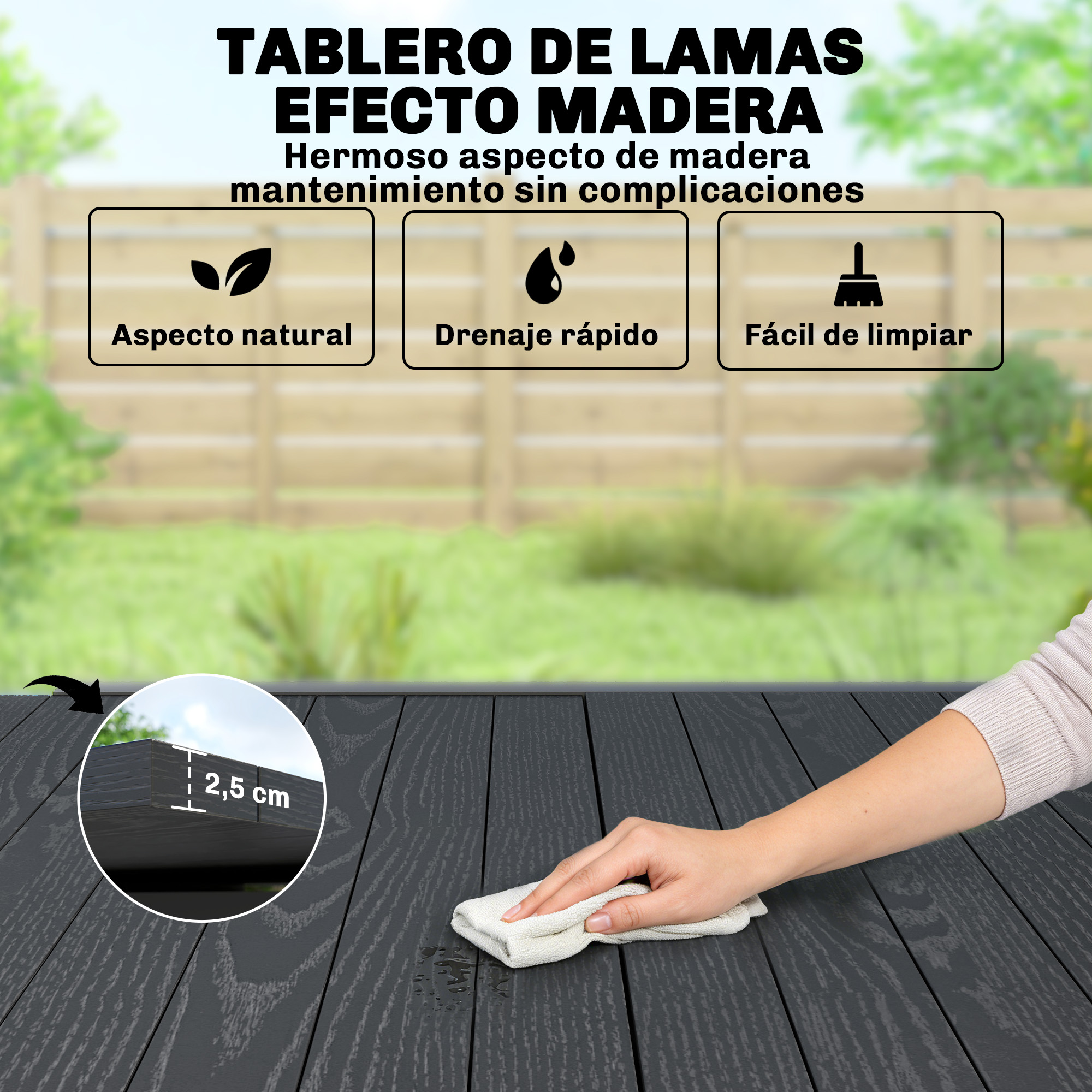 Tarima oscura efecto madera, mano limpiando. Medida de 2,5 cm.