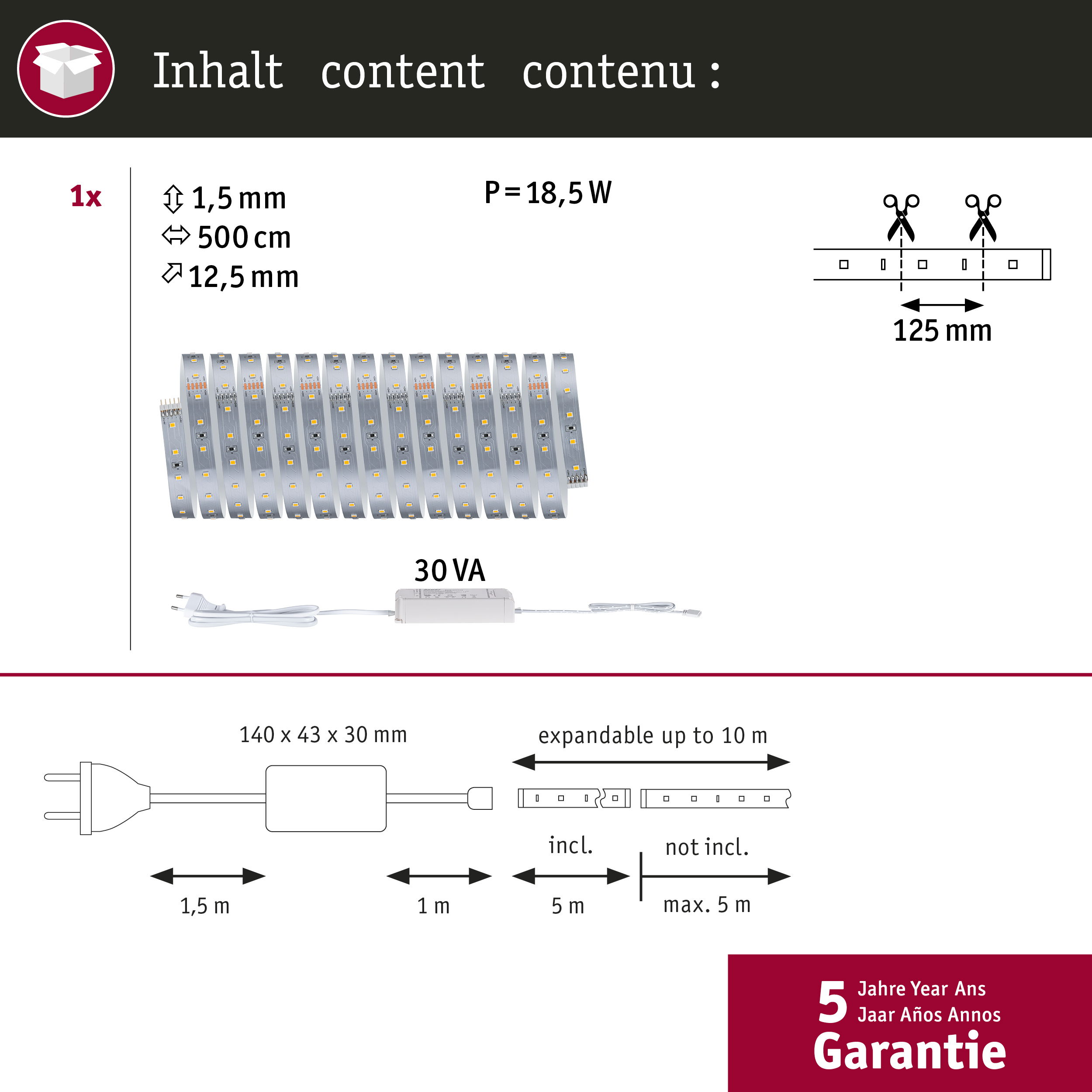 LED-Streifen mit Netzteil und Zubehör. Spezifikationen: 1,5 mm, 500 cm, 12,5 mm.
