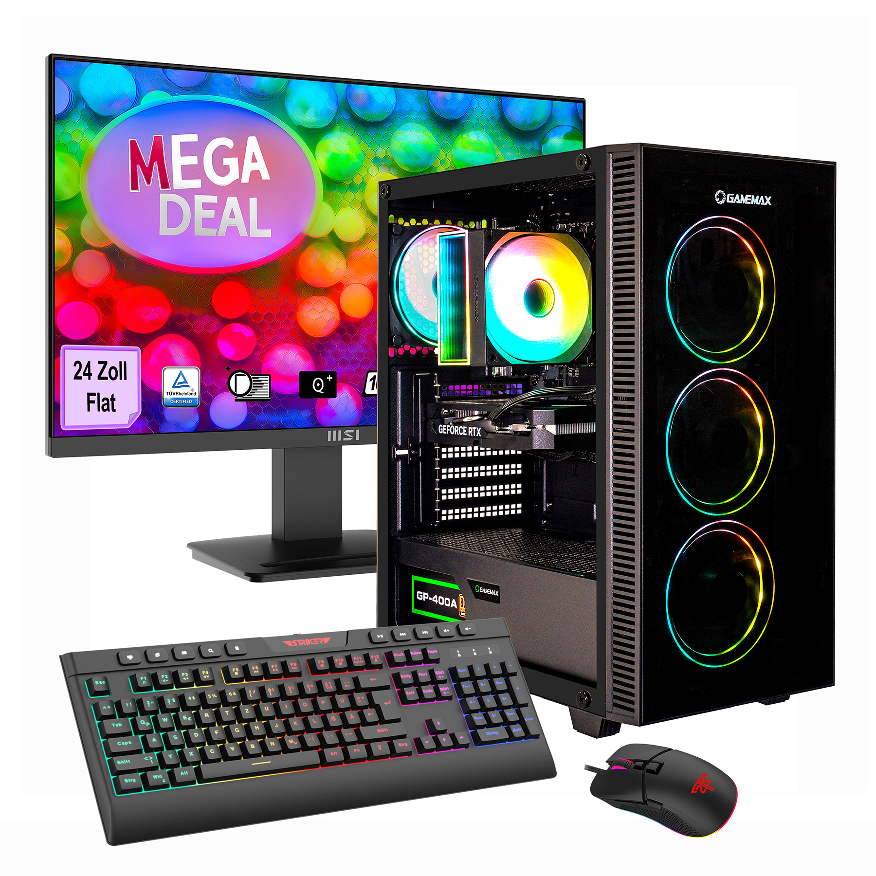 Ein Gaming-PC-Set mit RGB-Lüftern, Tastatur und Maus.
