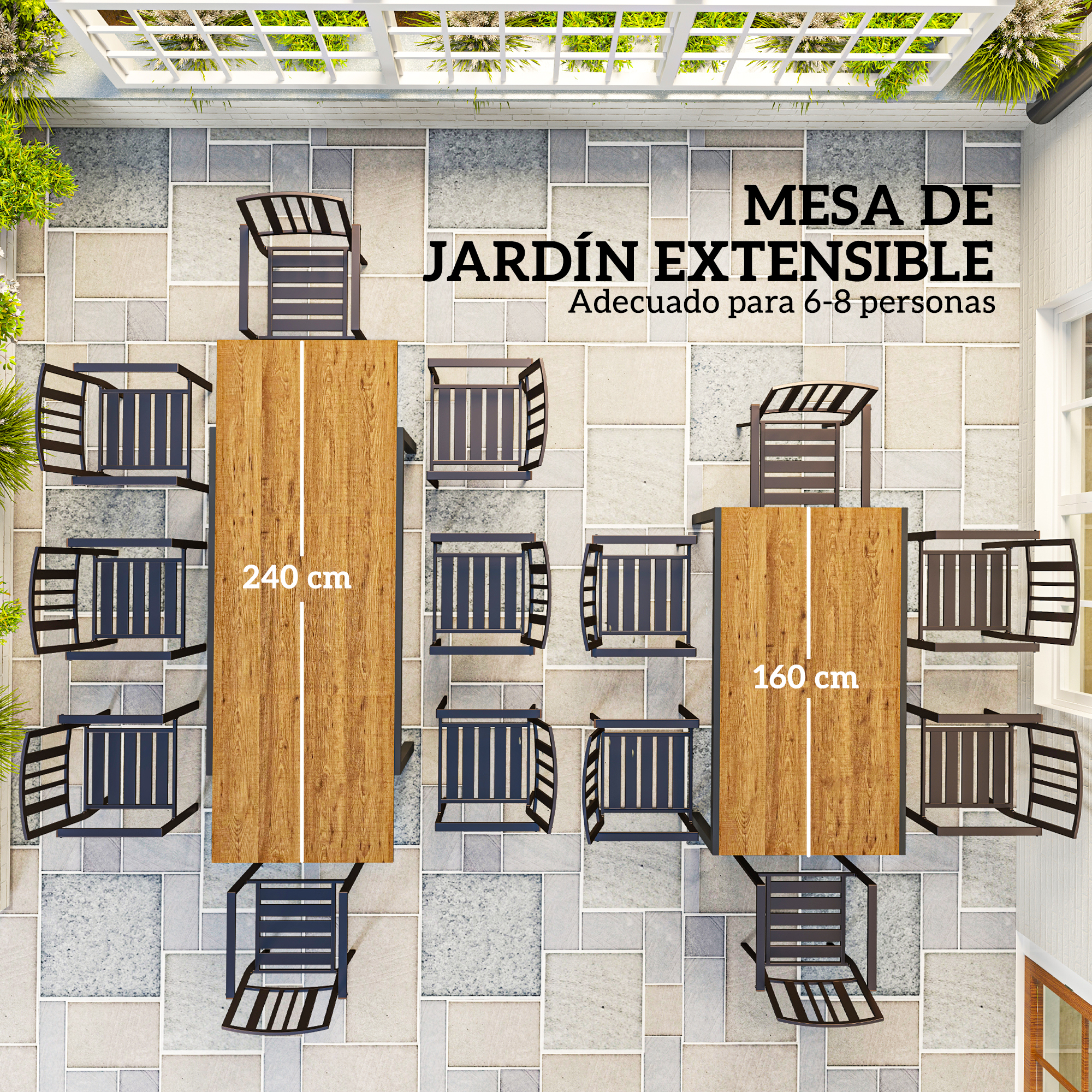 Conjunto de muebles de exterior con dos mesas de madera (240cm y 160cm) y sillas oscuras.