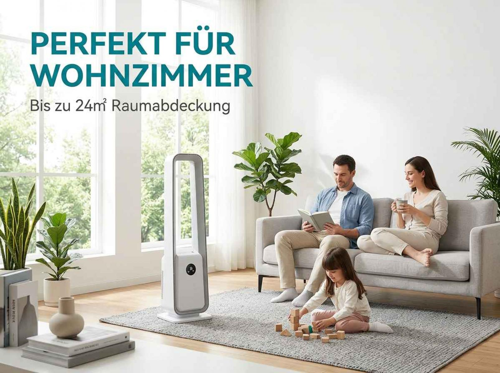 Familie entspannt im Wohnzimmer mit Turmventilator. Mann liest, Frau trinkt, Kind spielt.